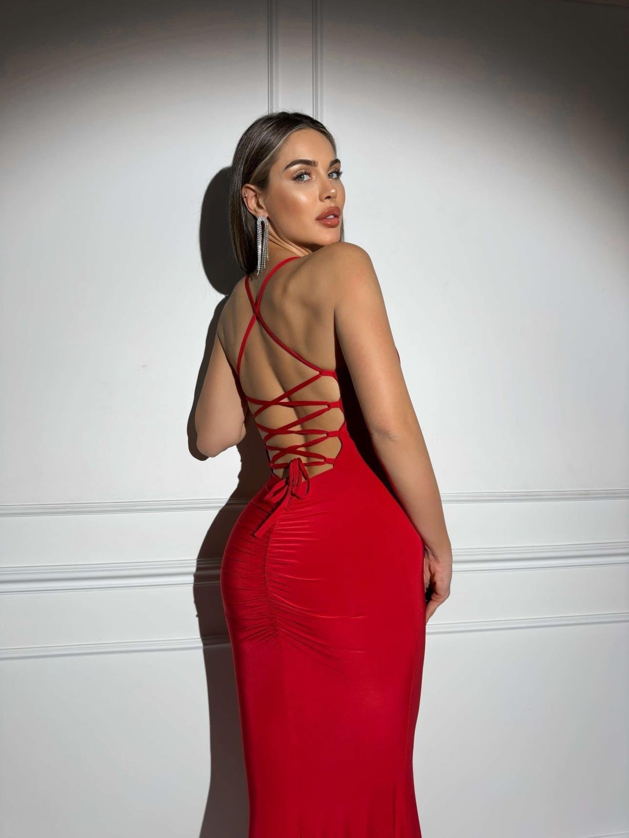 Sırt Detay Maxi Boy Balık Model Abiye Elbise - KIRMIZI