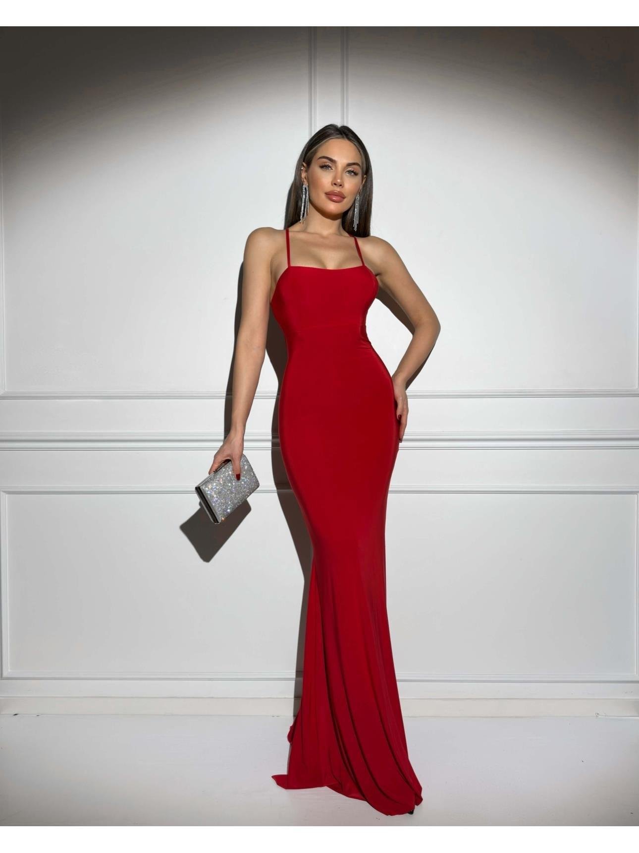 Sırt Detay Maxi Boy Balık Model Abiye Elbise - KIRMIZI