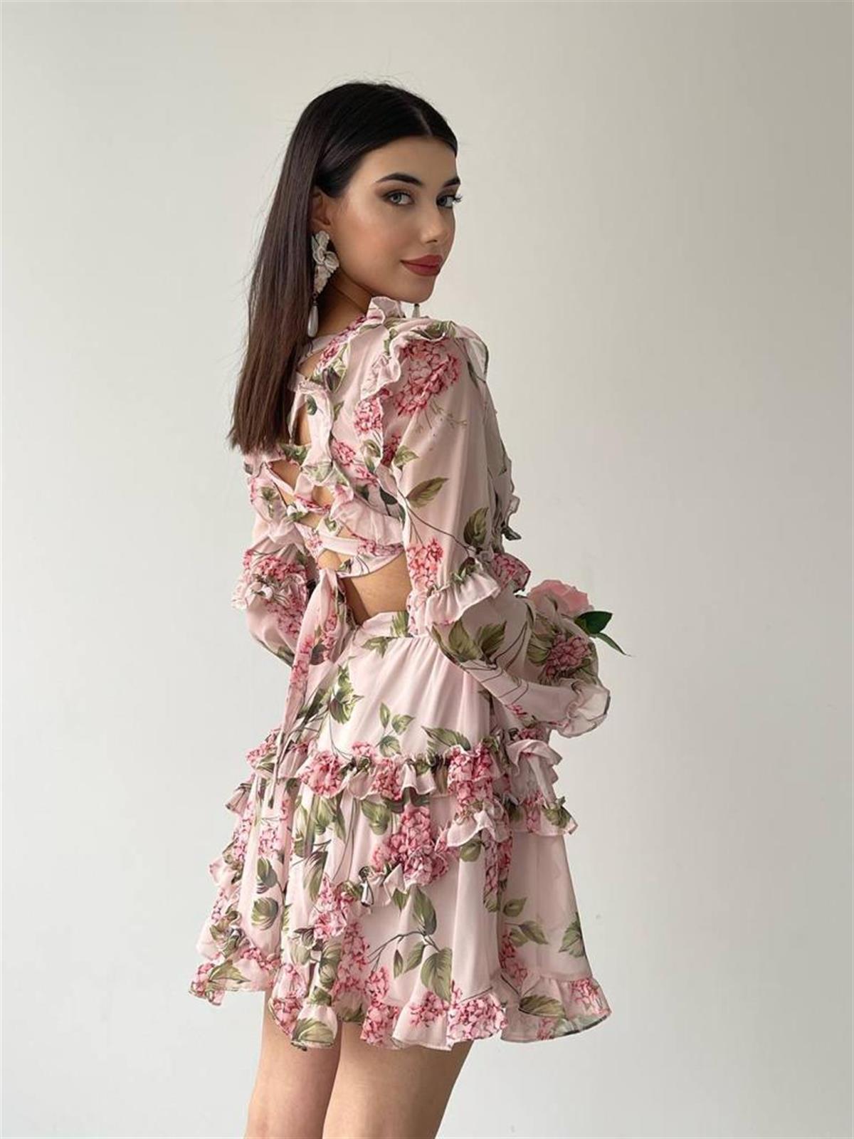 Sırt Detay şifon Kumaş Elbise - PEMBE