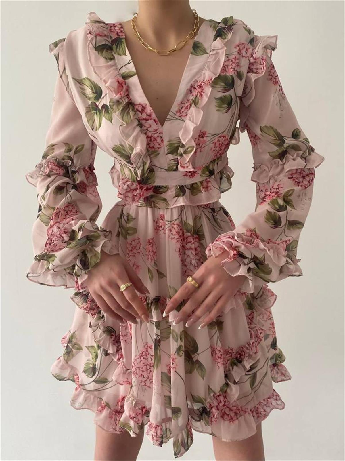 Sırt Detay şifon Kumaş Elbise - PEMBE