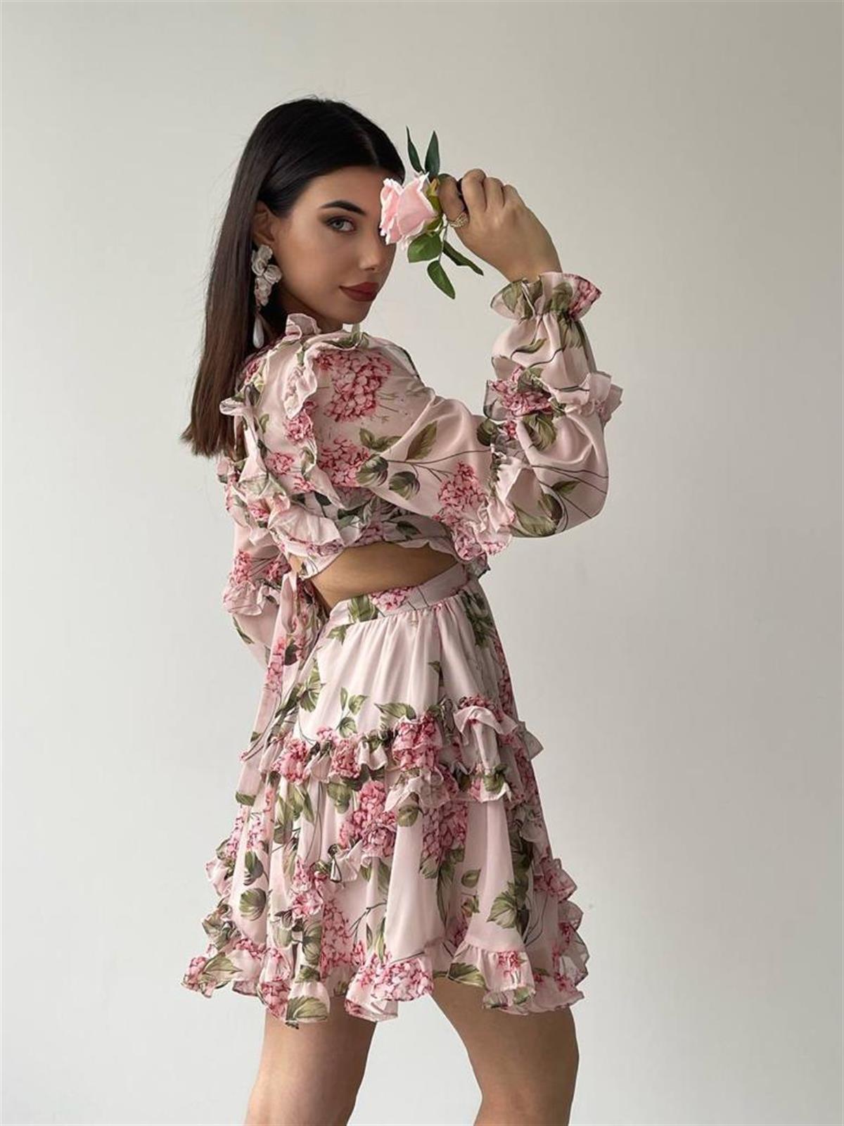 Sırt Detay şifon Kumaş Elbise - PEMBE