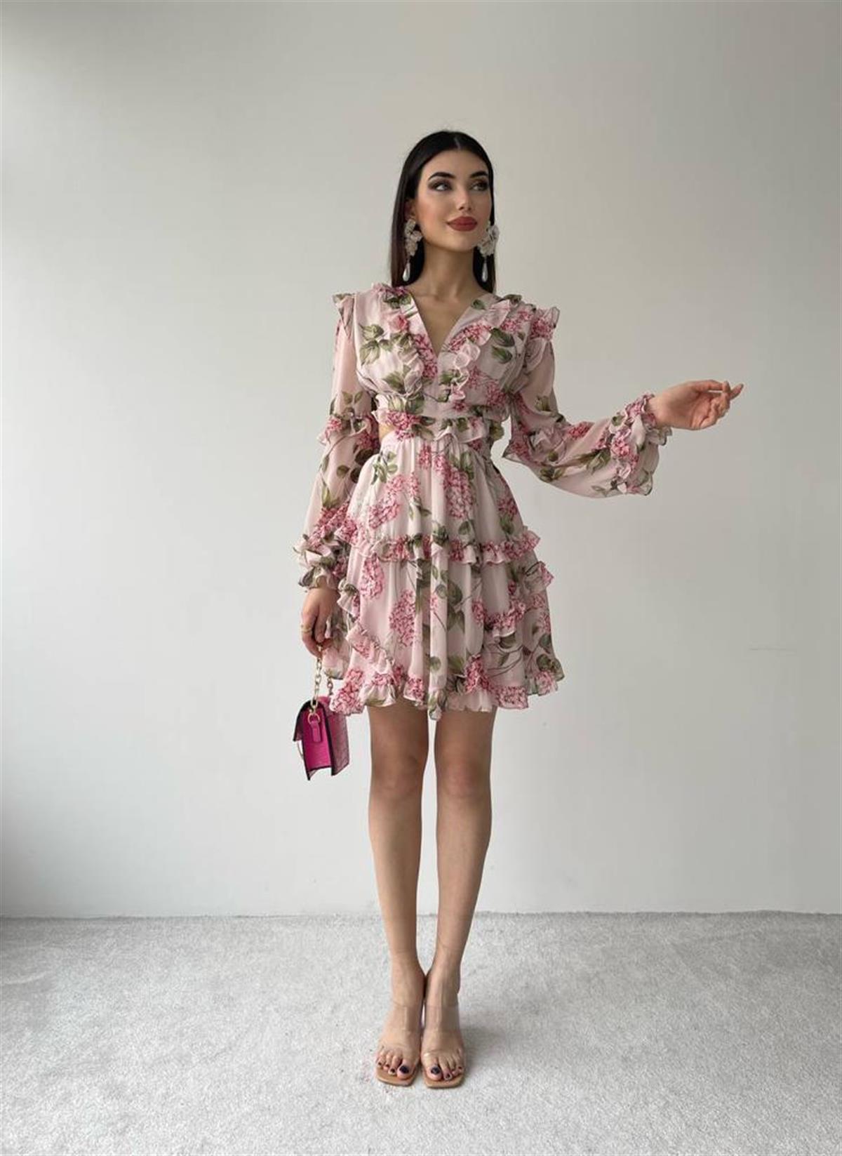 Sırt Detay şifon Kumaş Elbise - PEMBE