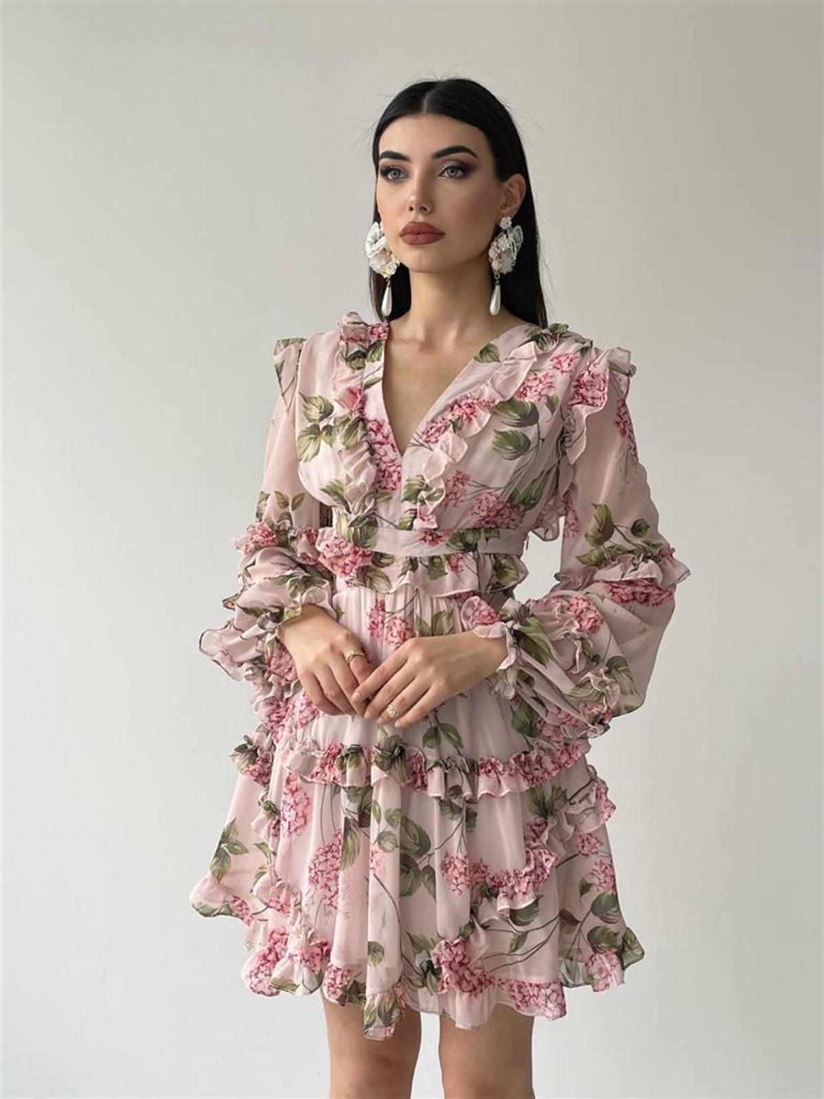 Sırt Detay şifon Kumaş Elbise - PEMBE