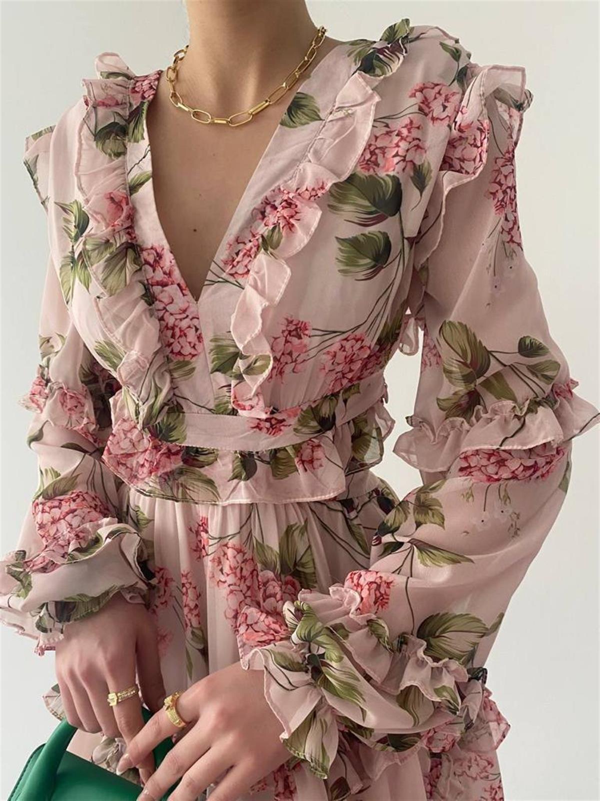 Sırt Detay şifon Kumaş Elbise - PEMBE