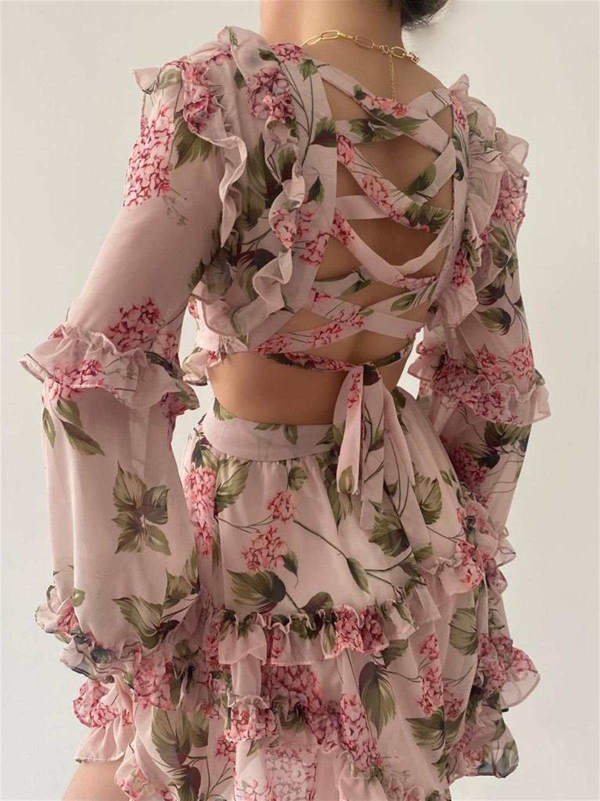 Sırt Detay şifon Kumaş Elbise - PEMBE