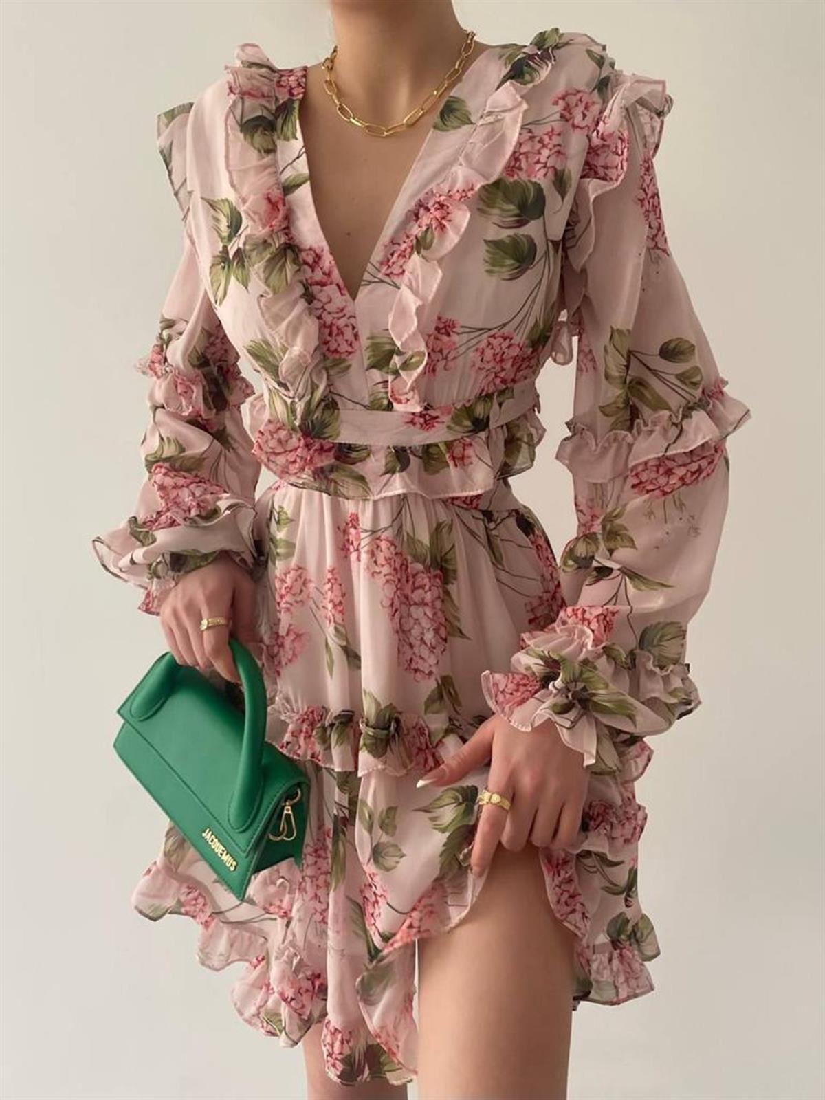 Sırt Detay şifon Kumaş Elbise - PEMBE