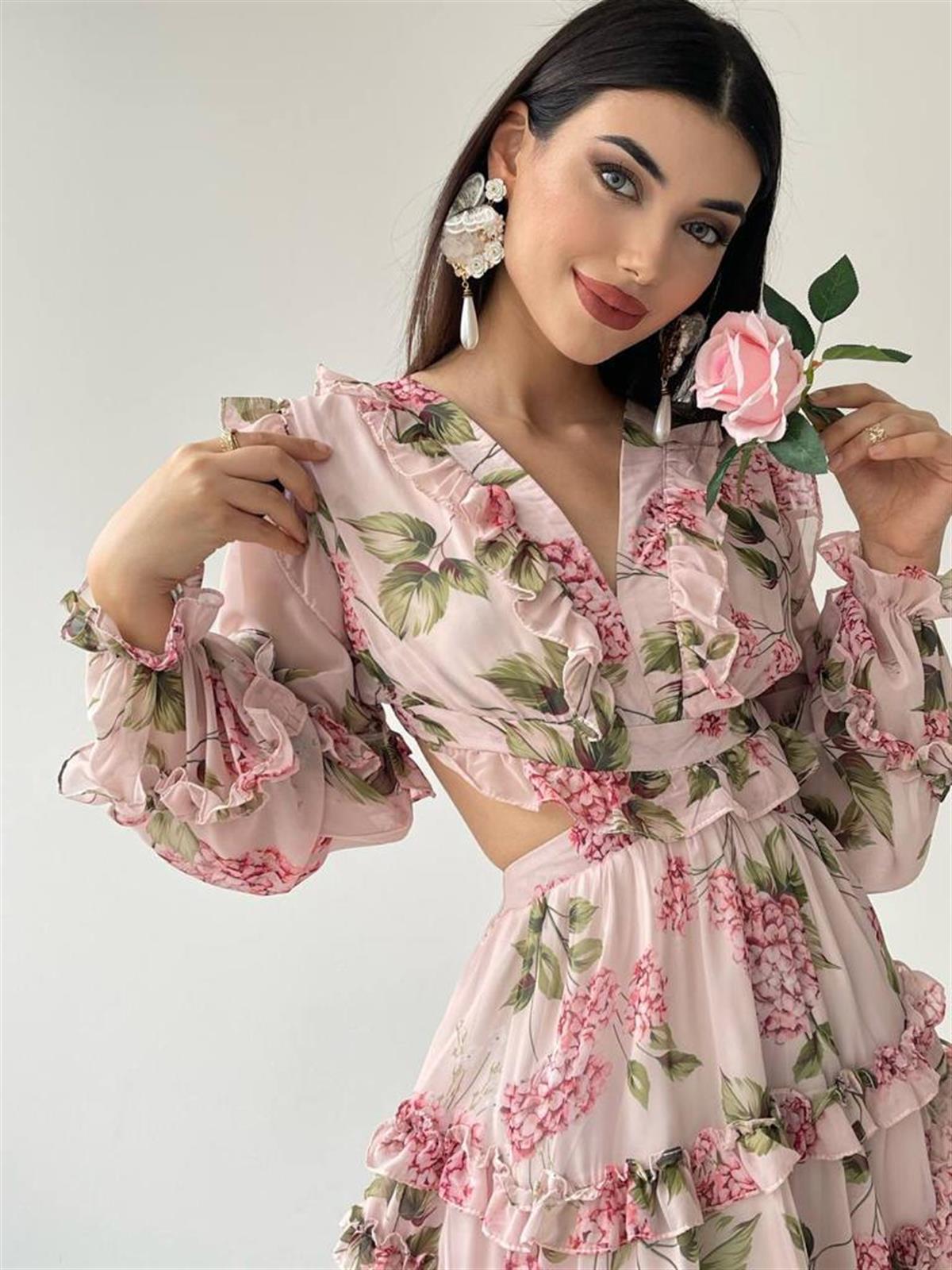 Sırt Detay şifon Kumaş Elbise - PEMBE