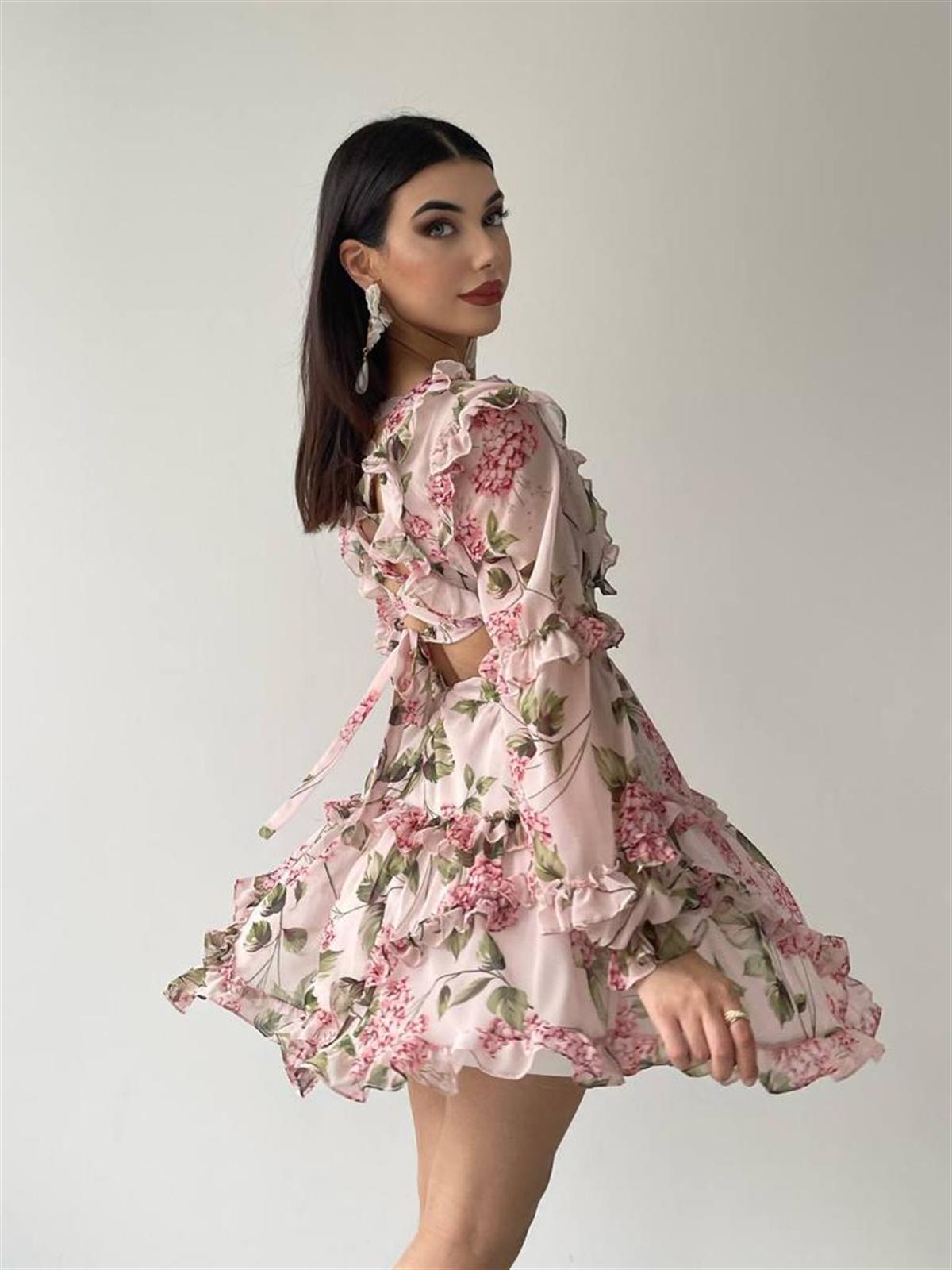 Sırt Detay şifon Kumaş Elbise - PEMBE