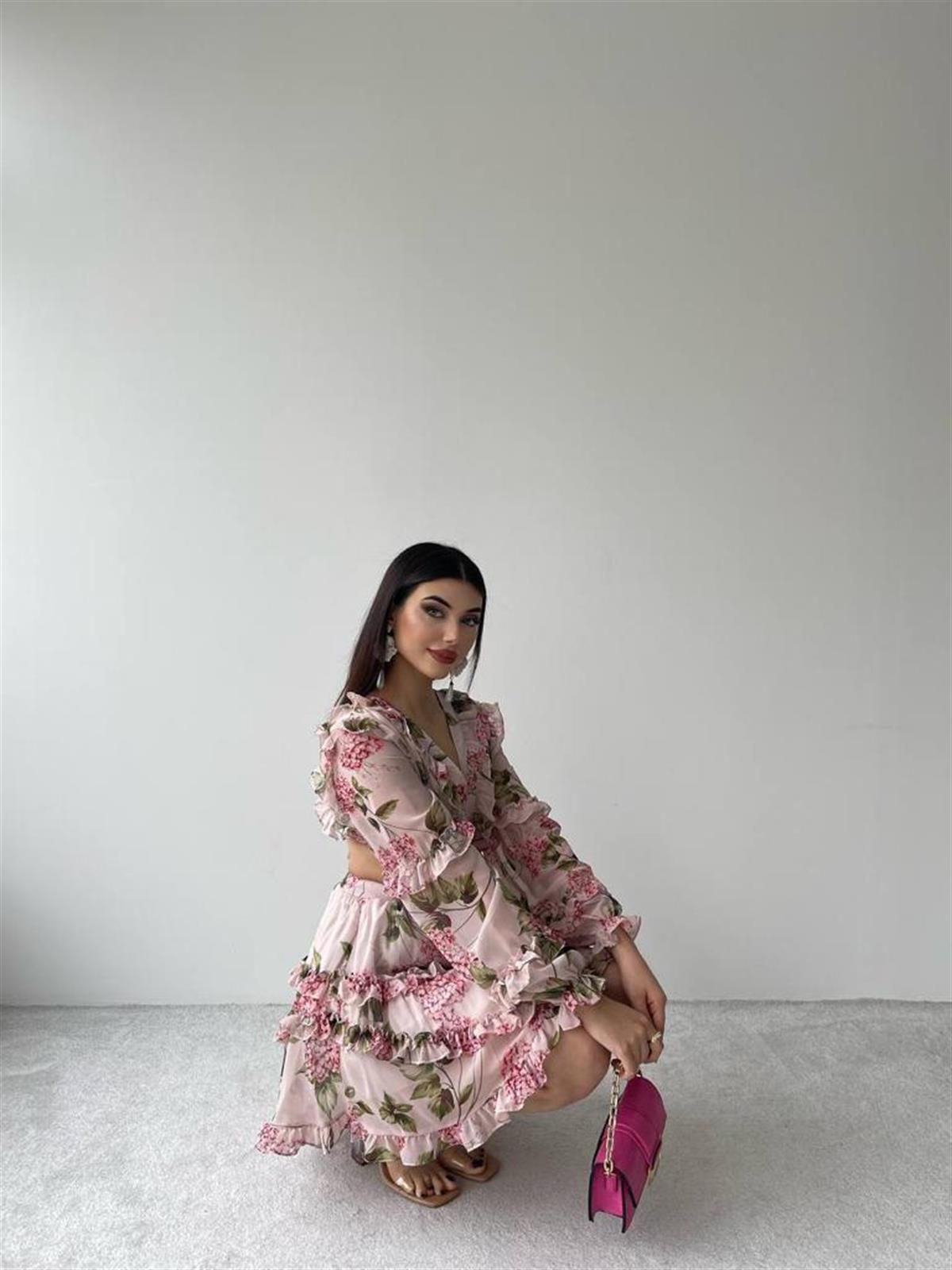 Sırt Detay şifon Kumaş Elbise - PEMBE