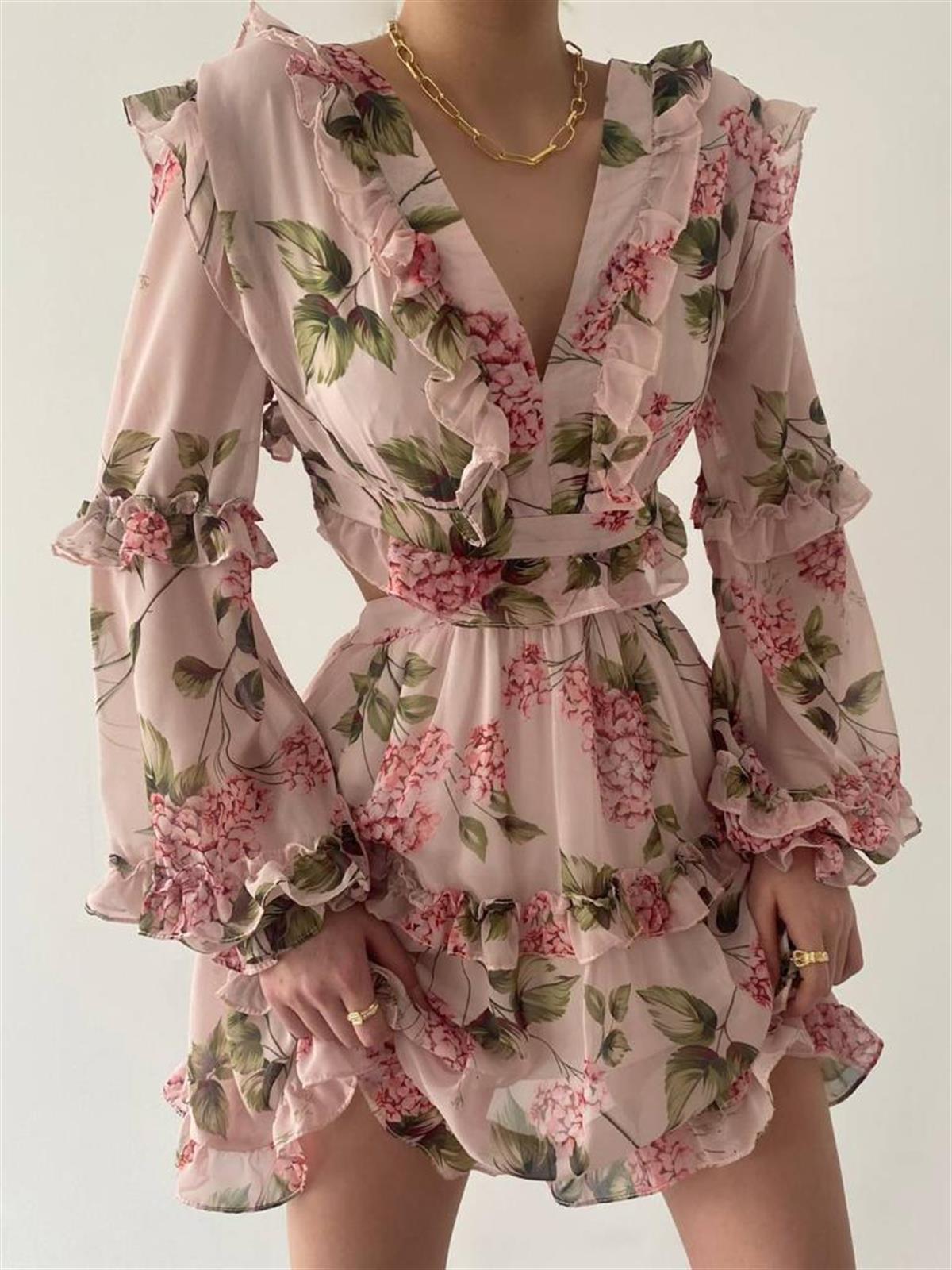 Sırt Detay şifon Kumaş Elbise - PEMBE