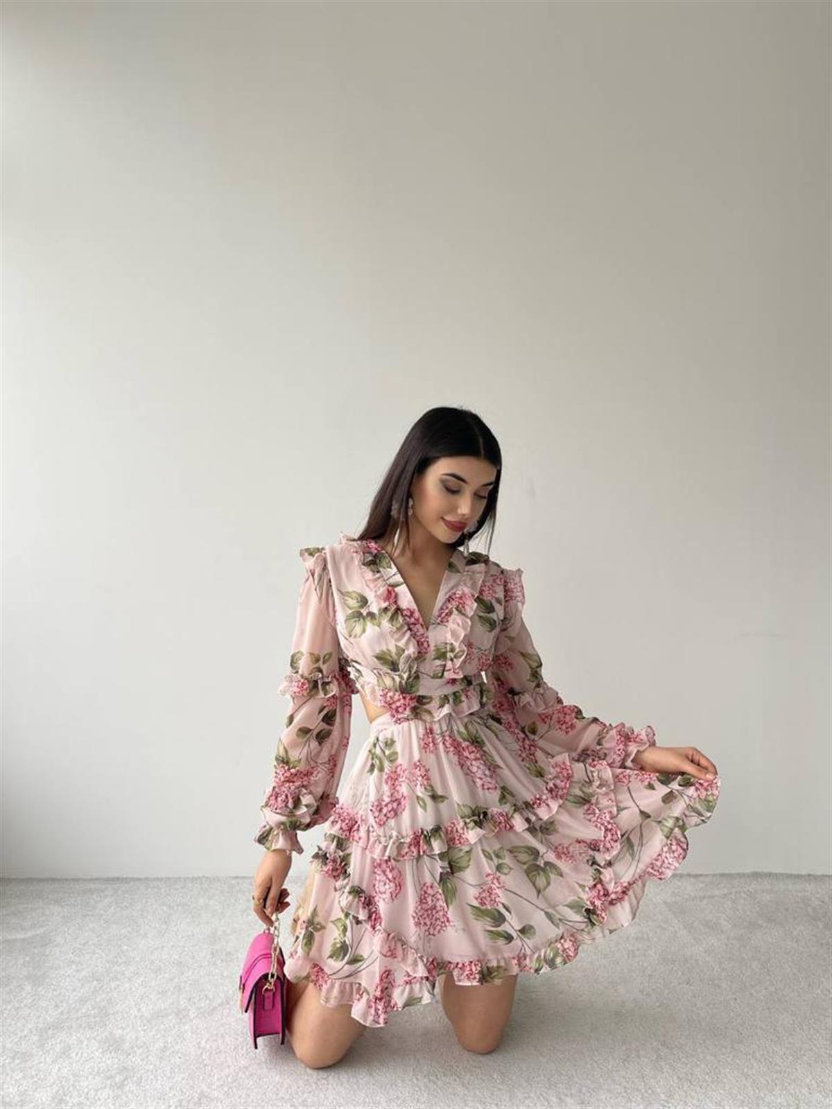 Sırt Detay şifon Kumaş Elbise - PEMBE