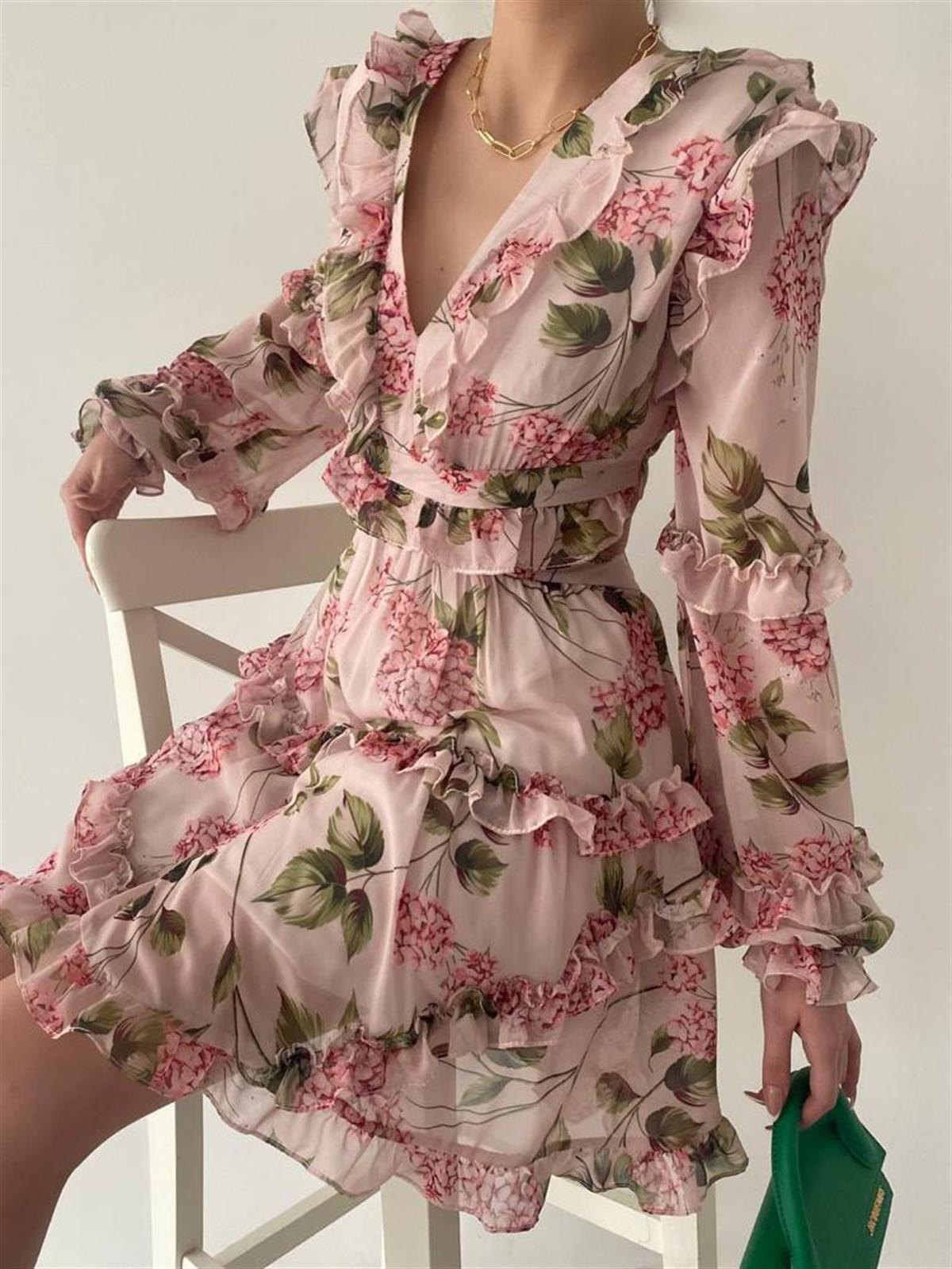 Sırt Detay şifon Kumaş Elbise - PEMBE