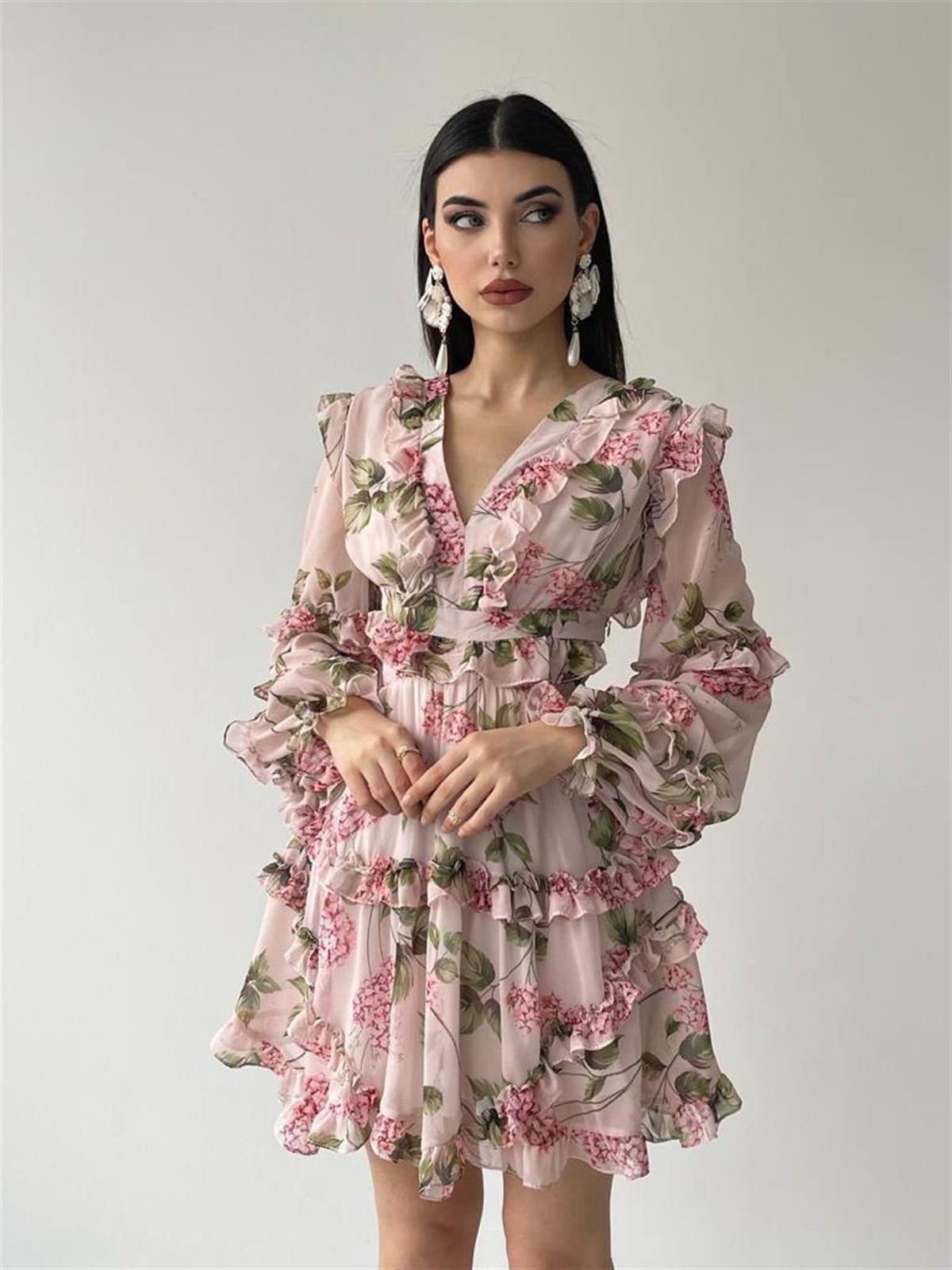 Sırt Detay şifon Kumaş Elbise - PEMBE