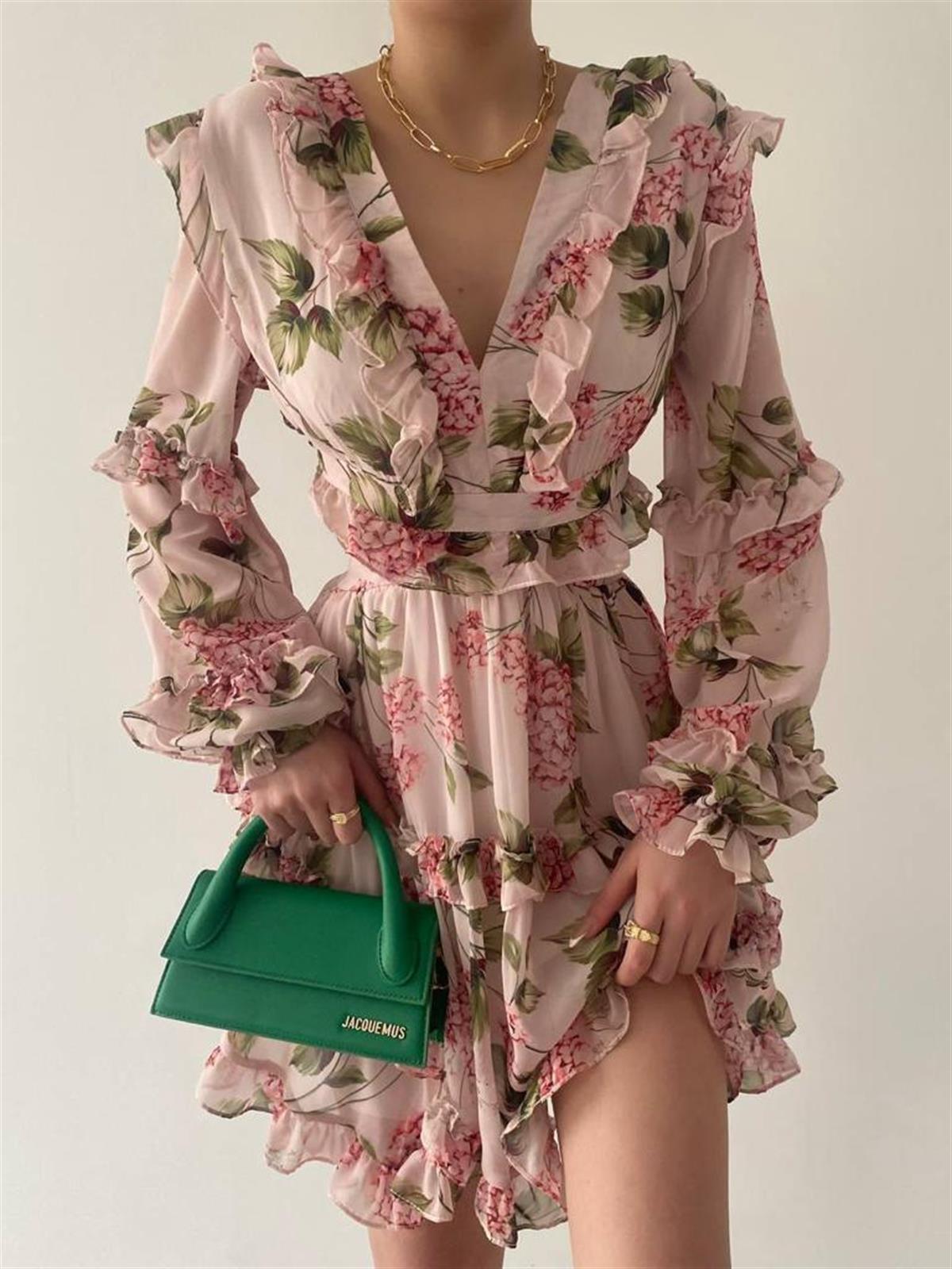 Sırt Detay şifon Kumaş Elbise - PEMBE