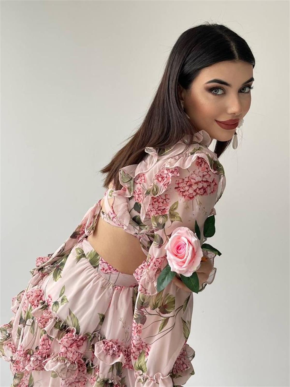 Sırt Detay şifon Kumaş Elbise - PEMBE