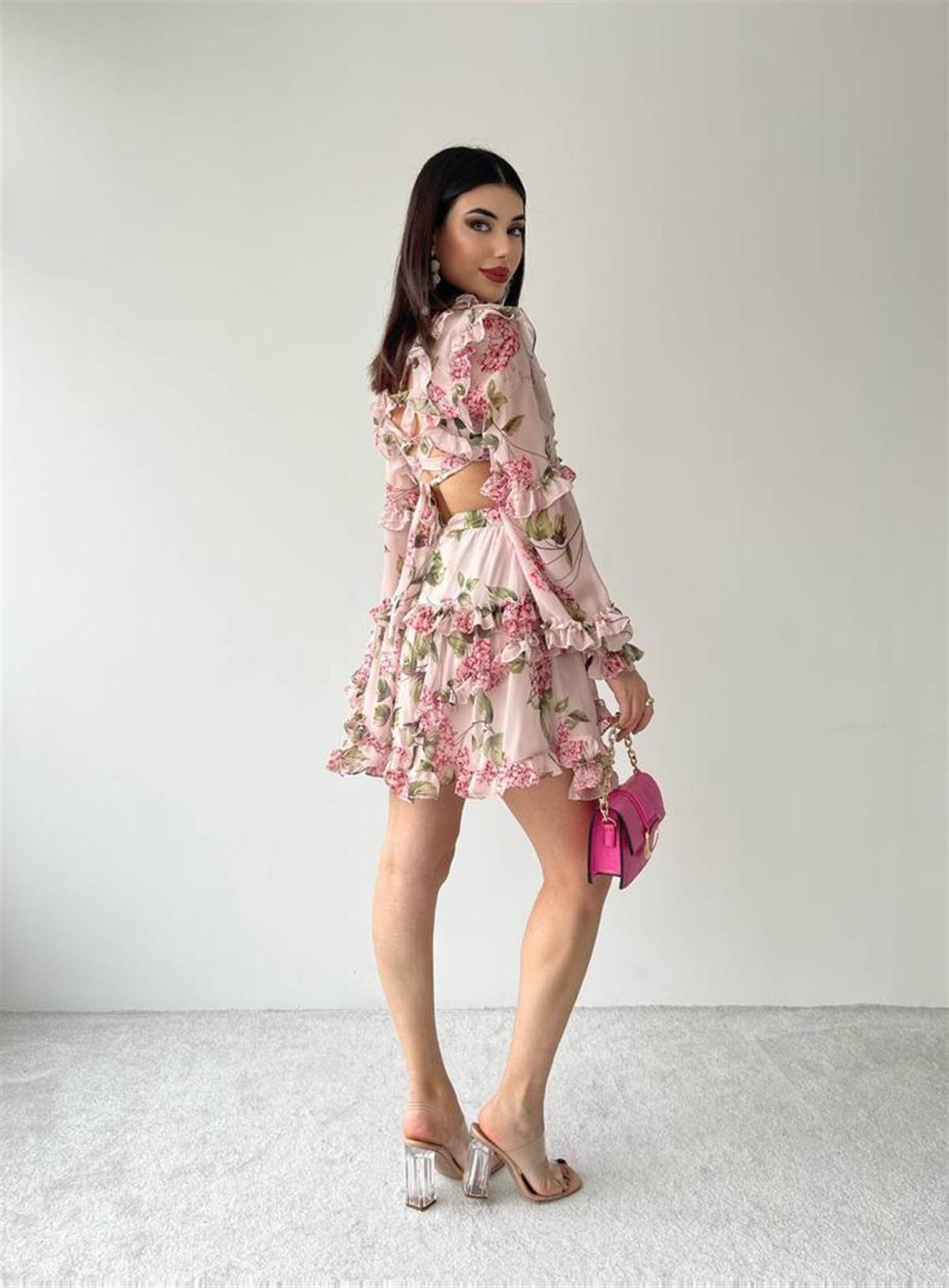 Sırt Detay şifon Kumaş Elbise - PEMBE