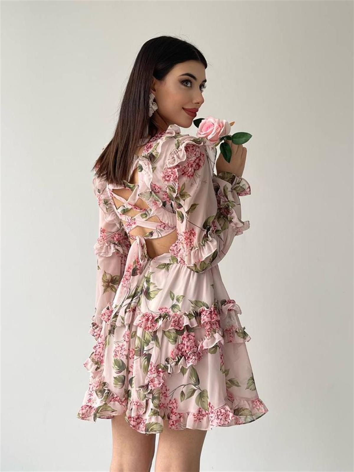 Sırt Detay şifon Kumaş Elbise - PEMBE