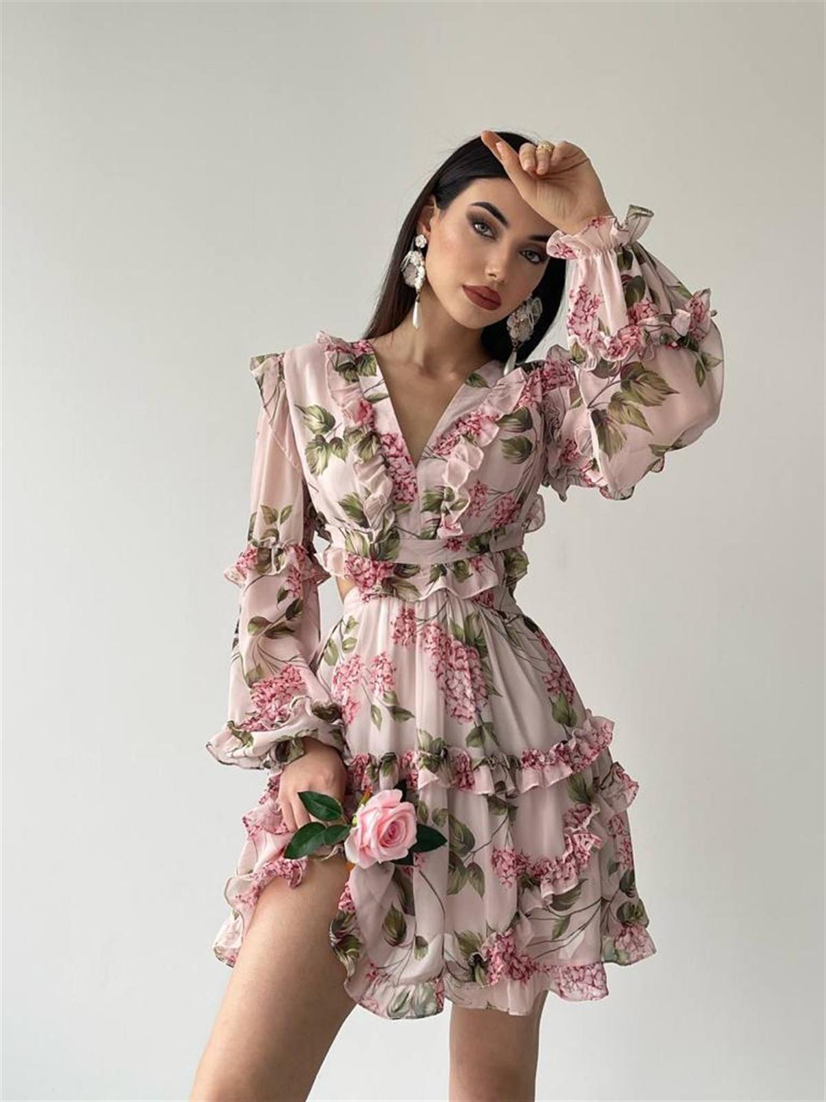 Sırt Detay şifon Kumaş Elbise - PEMBE