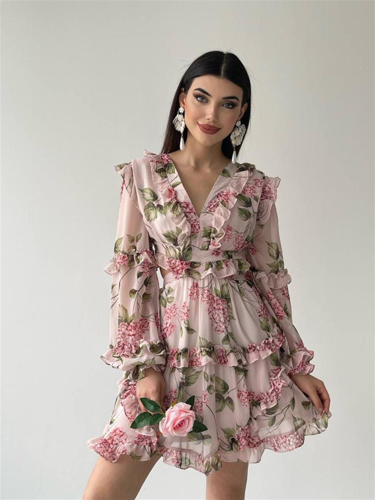 Sırt Detay şifon Kumaş Elbise - PEMBE