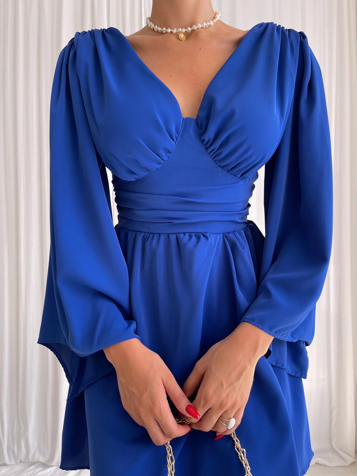 Sırtı V Dekolteli İspanyol Kol Kadın Elbise - MAVİ