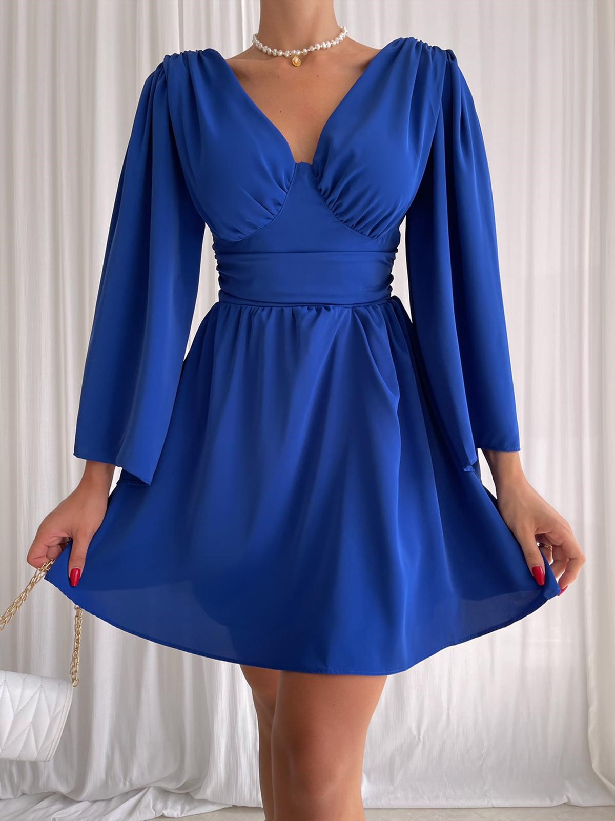 Sırtı V Dekolteli İspanyol Kol Kadın Elbise - MAVİ