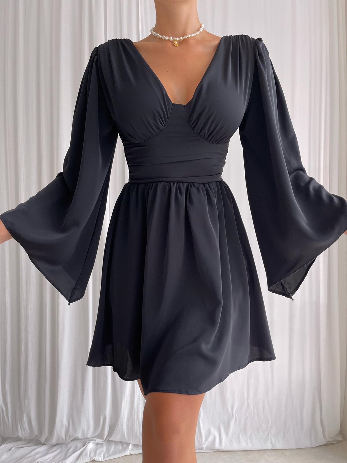 Sırtı V Dekolteli İspanyol Kol Kadın Elbise - SİYAH