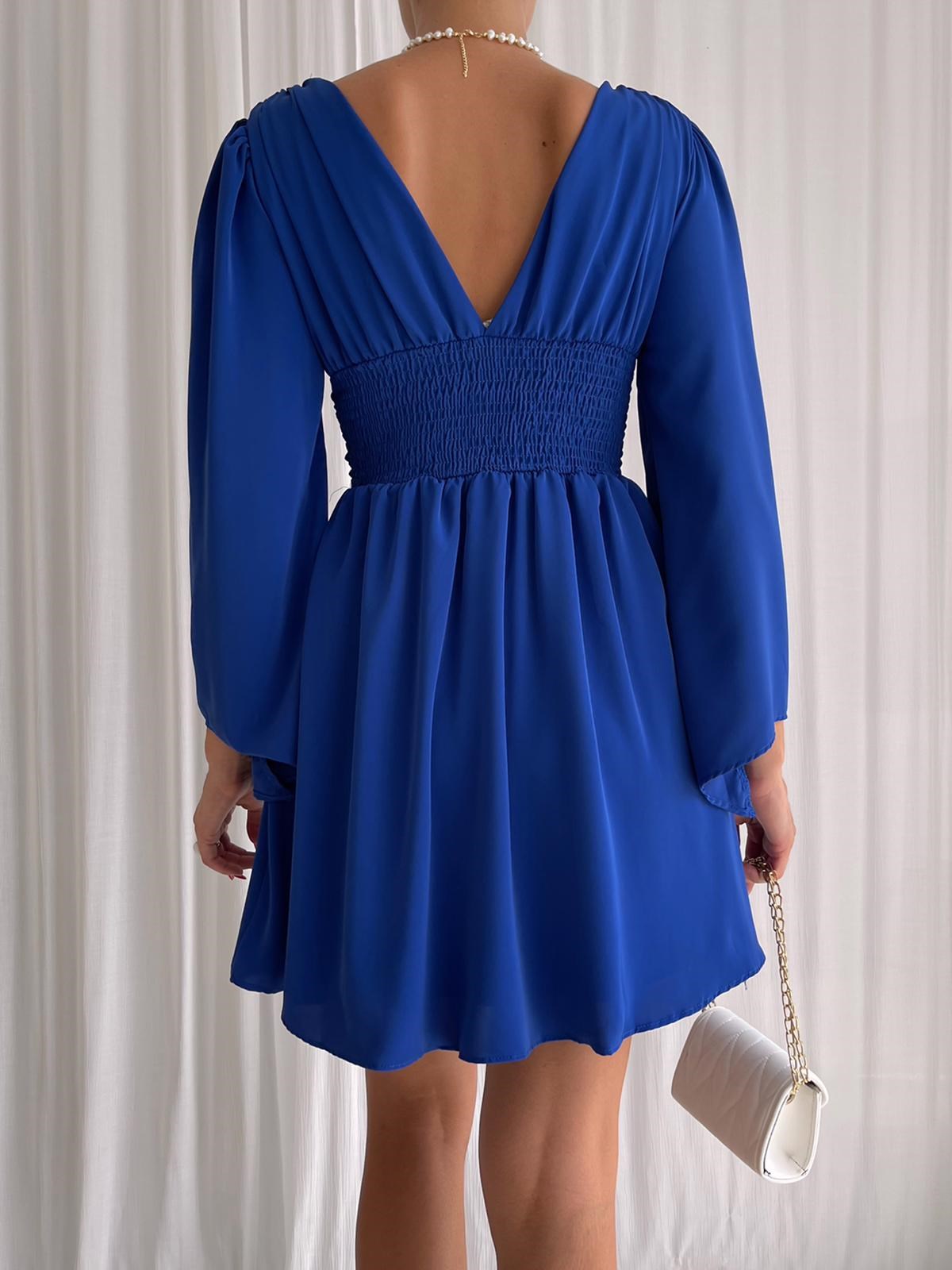 Sırtı V Dekolteli İspanyol Kol Kadın Elbise - MAVİ