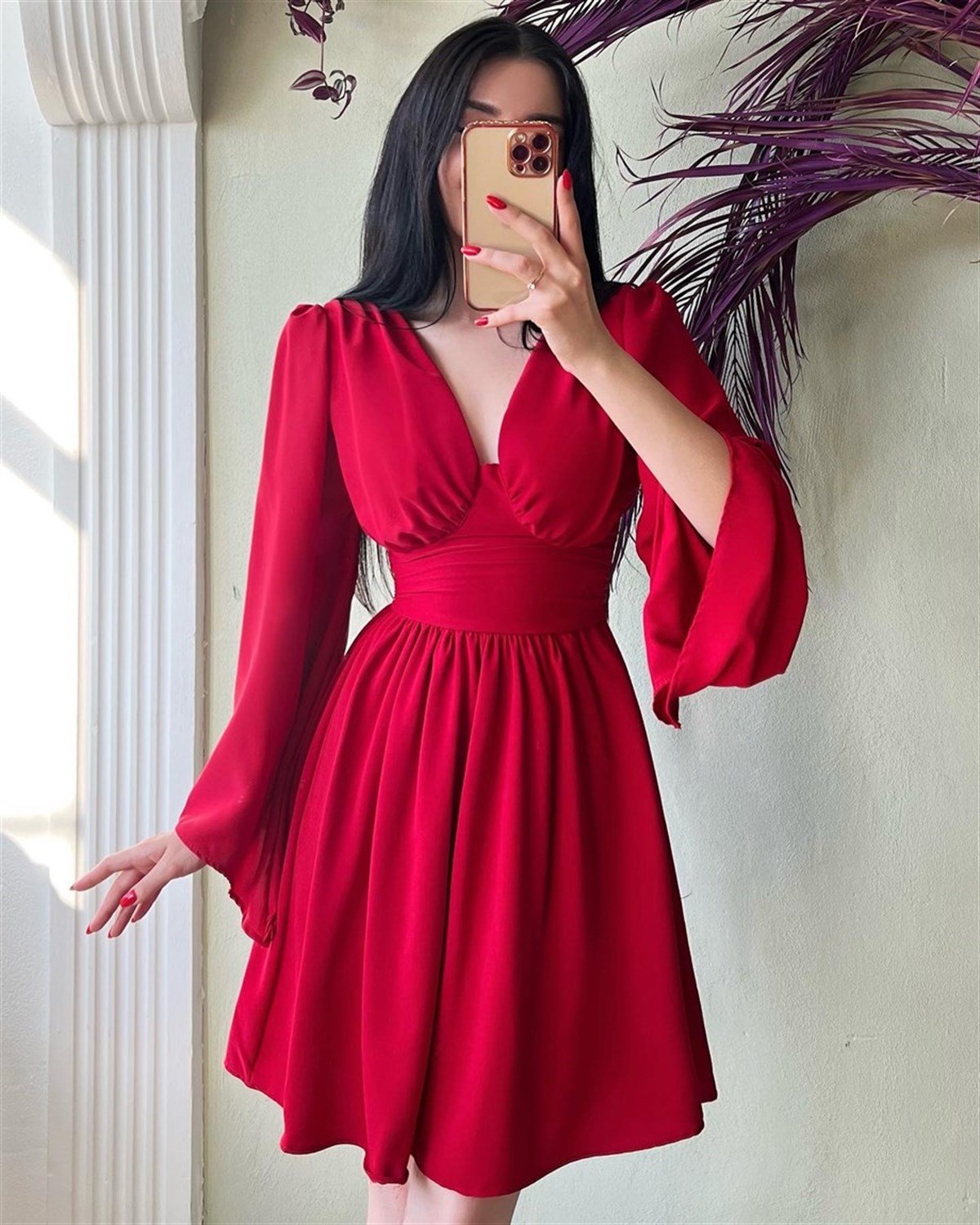 Sırtı V Dekolteli İspanyol Kol Kadın Elbise - KIRMIZI