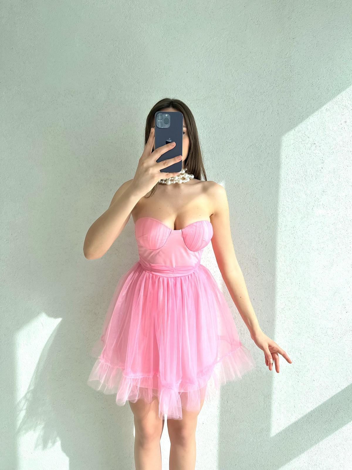 Straplez Tütü Kumaş Kadın Elbise - PEMBE 