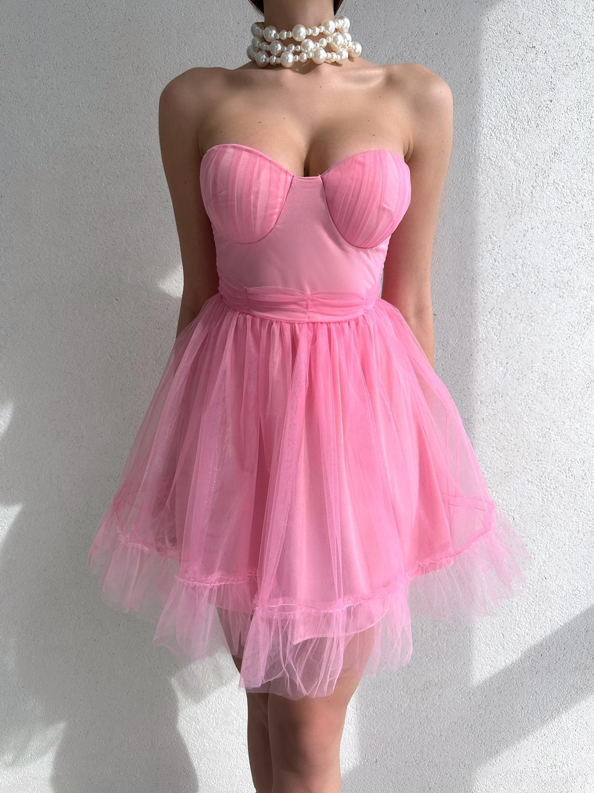 Straplez Tütü Kumaş Kadın Elbise - PEMBE 