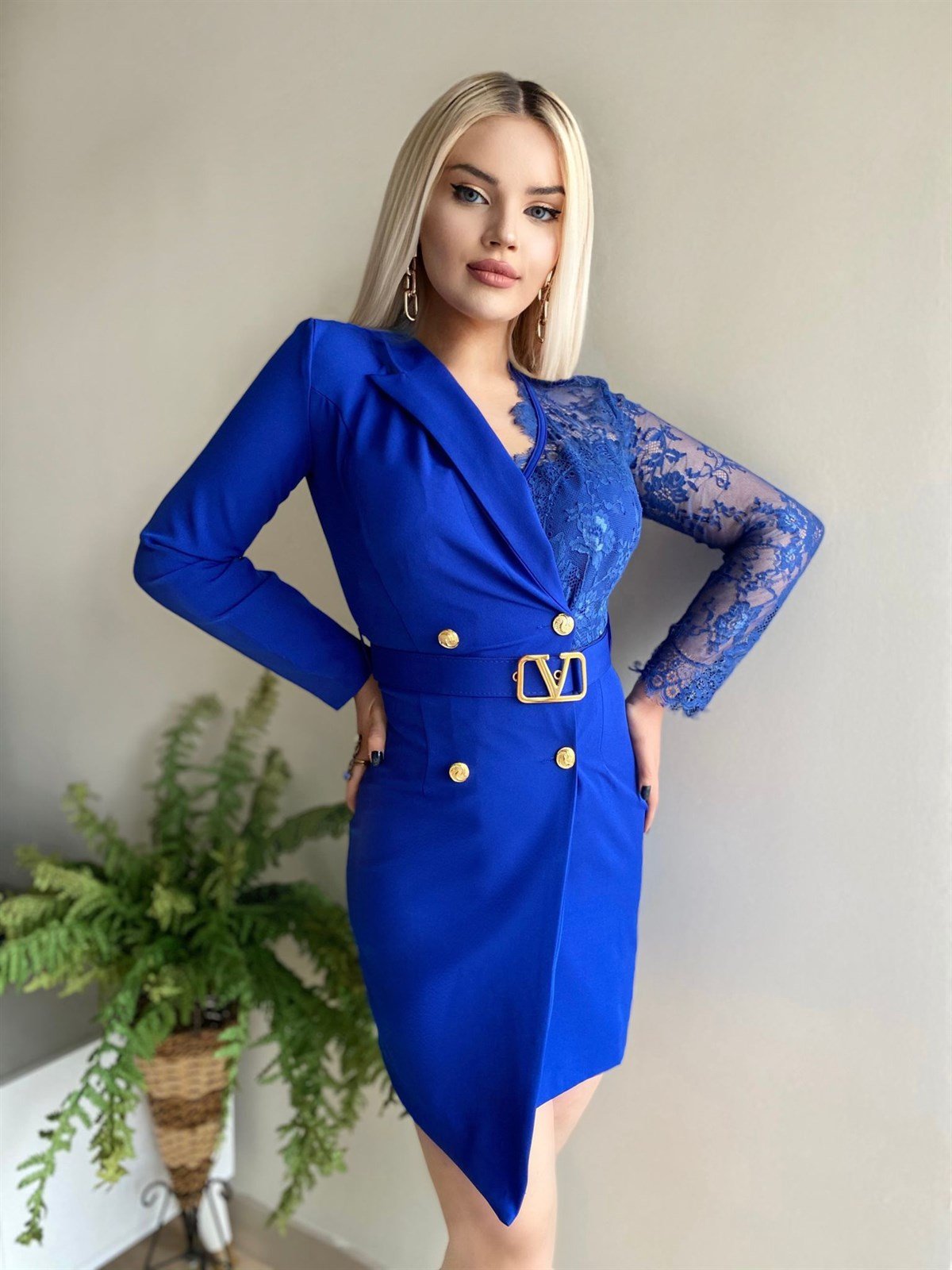 Tasarım Ceket Elbise - SAKS MAVİ