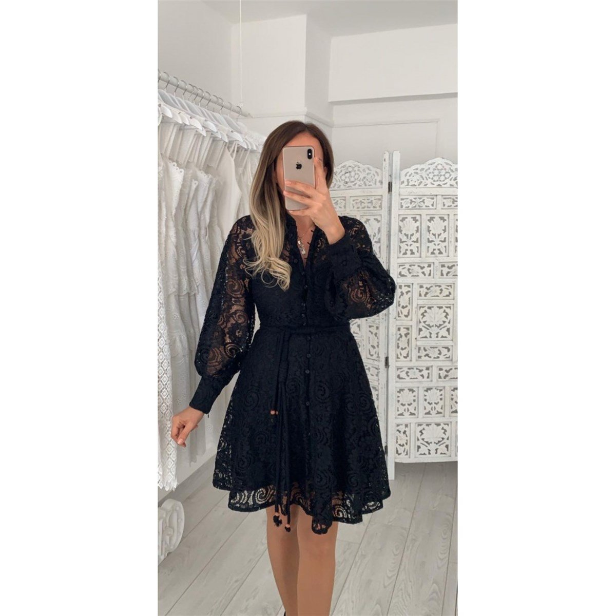 Tasarım Dantel İşleme Detay Kemerli Elbise - SİYAH