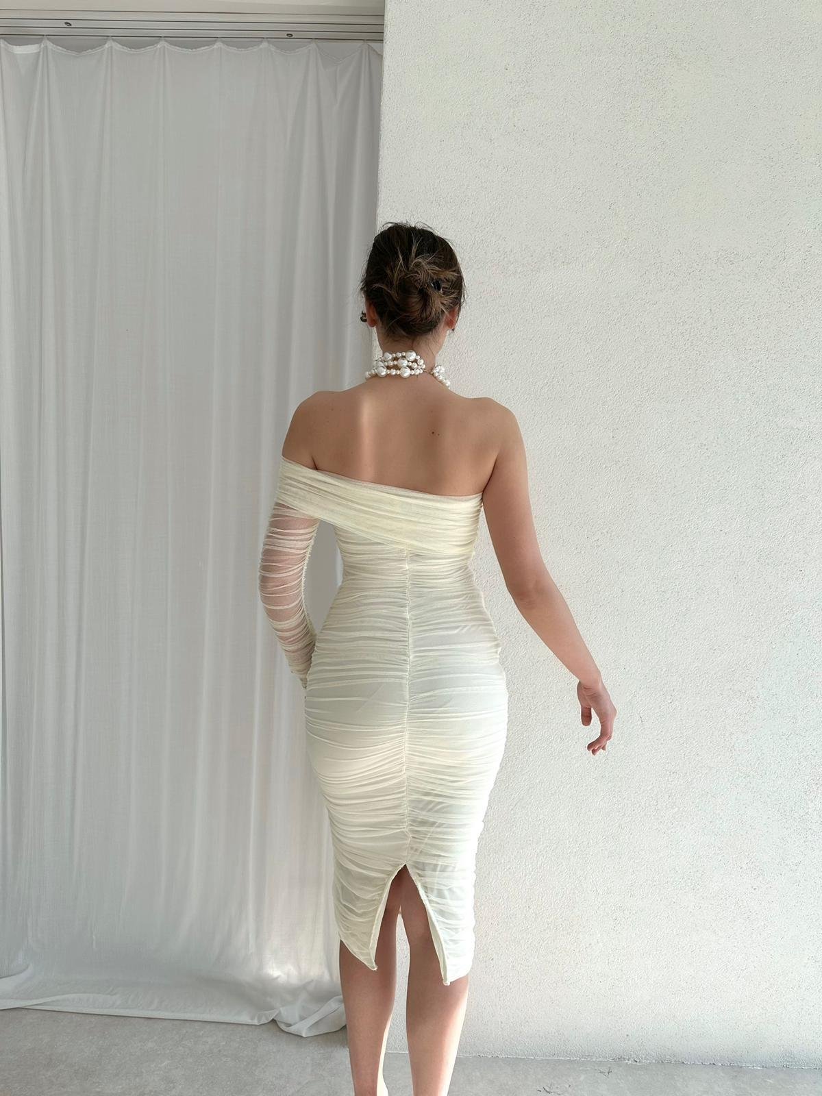 Tek Omuz Tül Detay Drapeli Elbise - EKRU