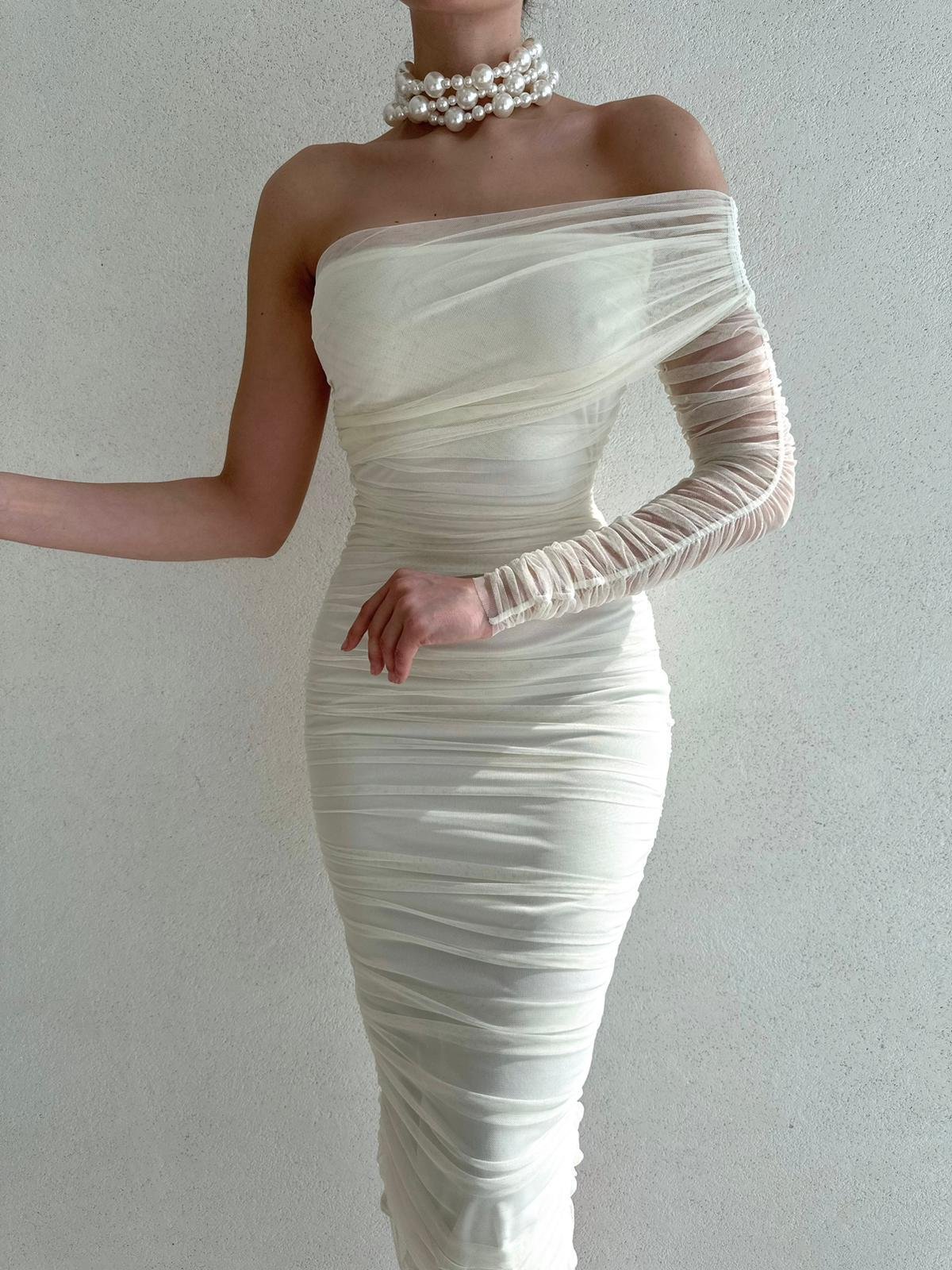 Tek Omuz Tül Detay Drapeli Elbise - EKRU