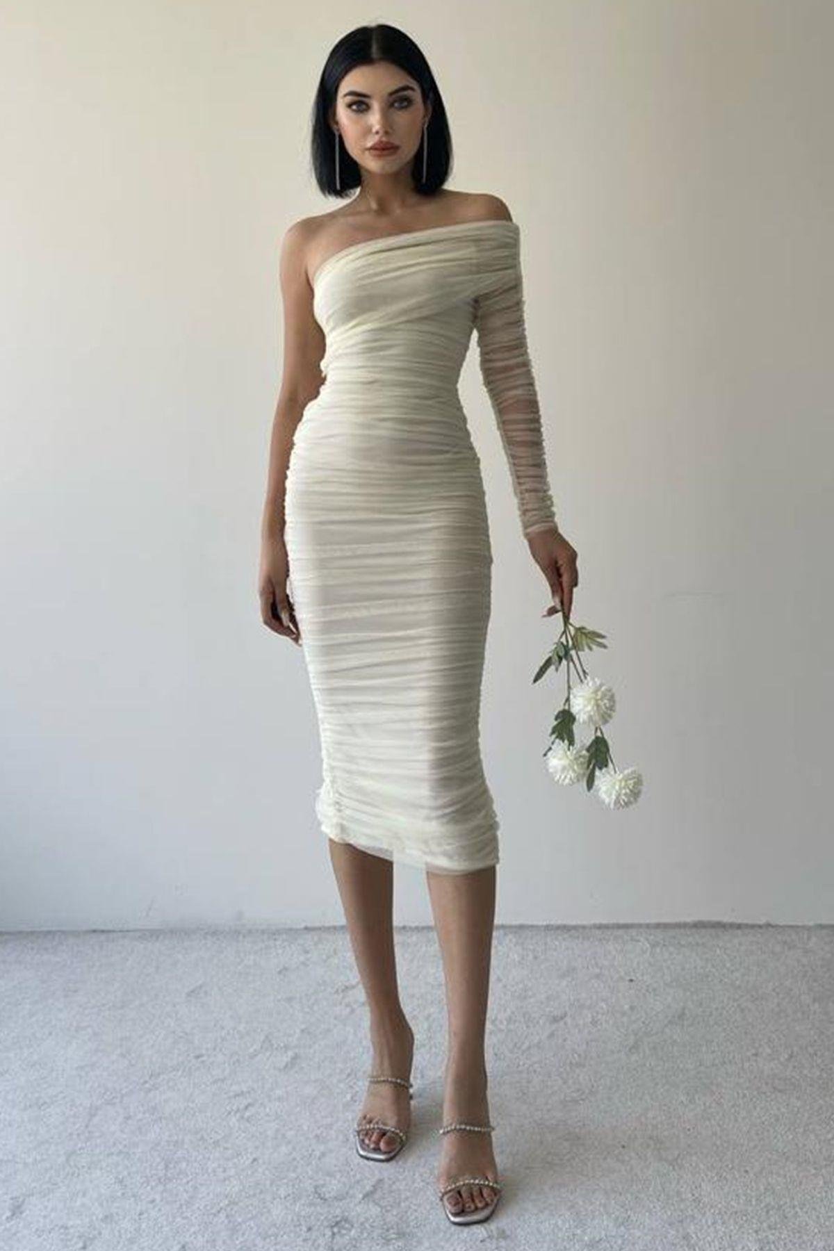Tek Omuz Tül Detay Drapeli Elbise - EKRU