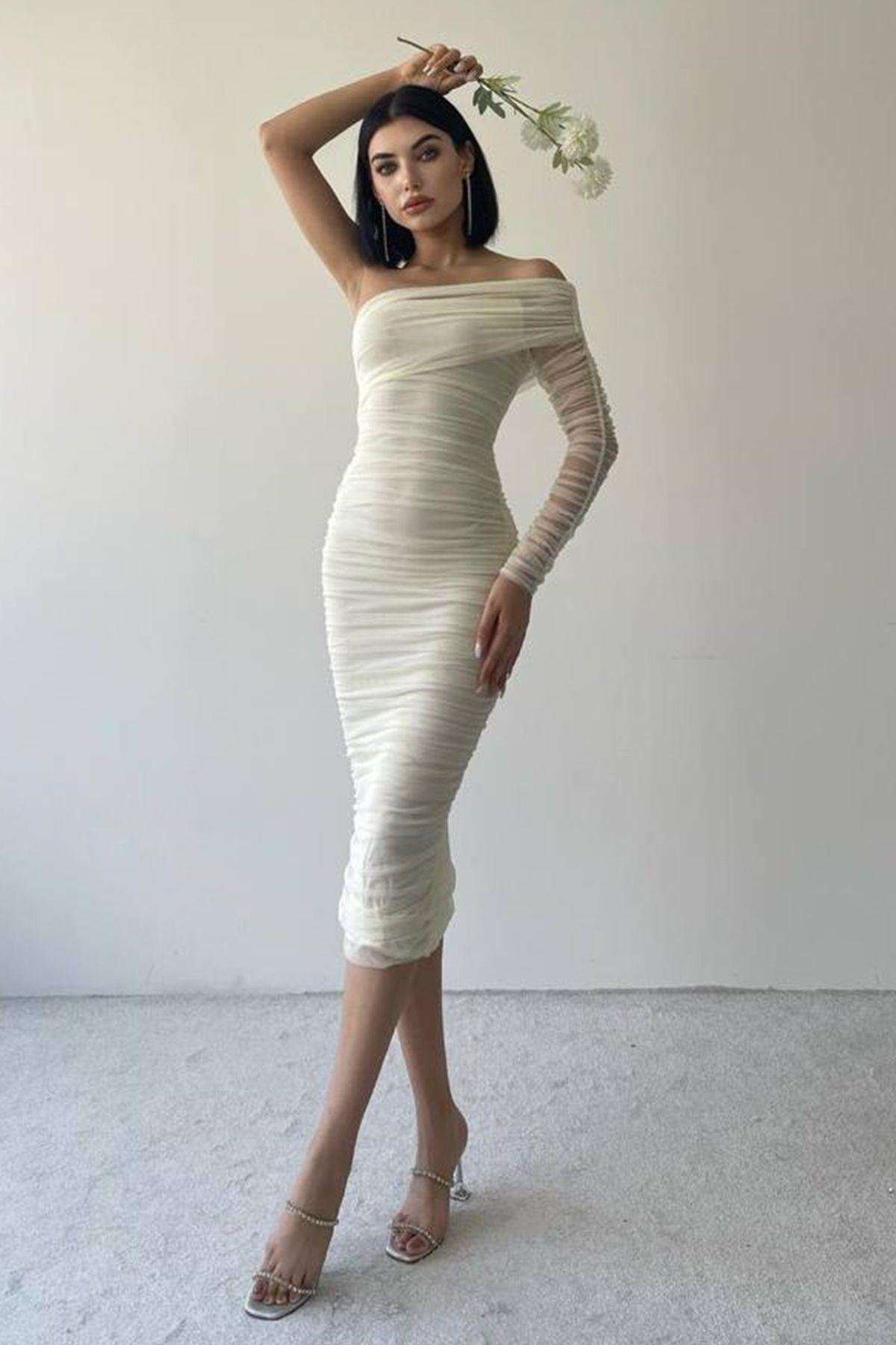 Tek Omuz Tül Detay Drapeli Elbise - EKRU