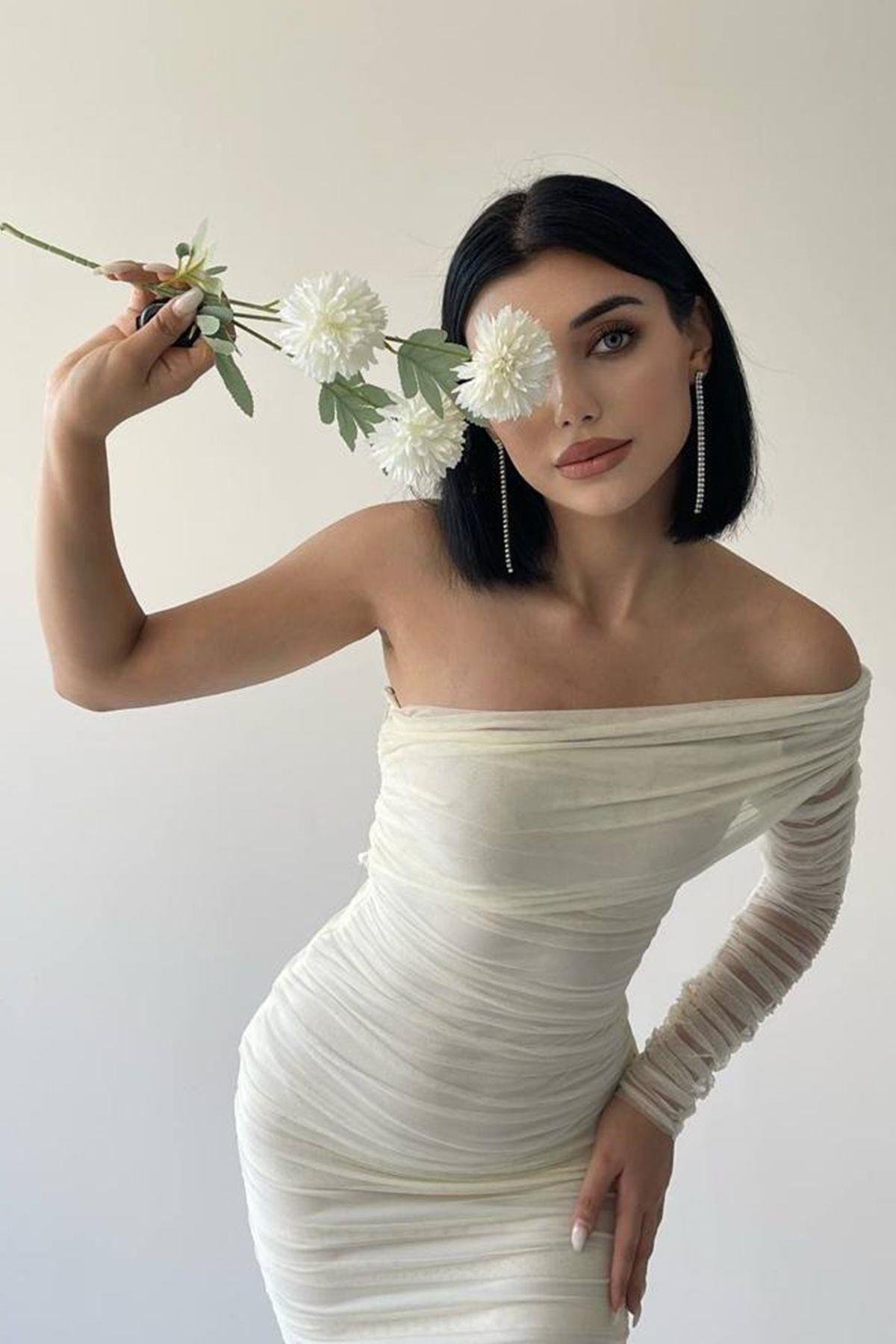 Tek Omuz Tül Detay Drapeli Elbise - EKRU