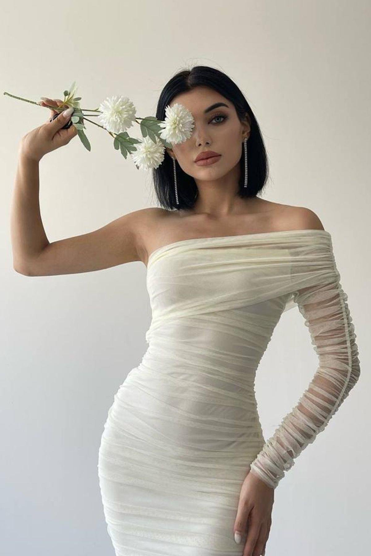 Tek Omuz Tül Detay Drapeli Elbise - EKRU