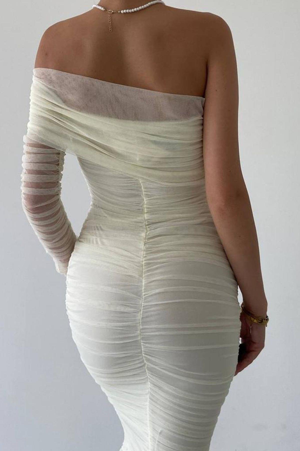 Tek Omuz Tül Detay Drapeli Elbise - EKRU