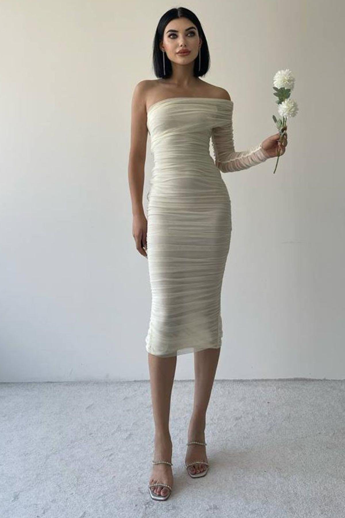 Tek Omuz Tül Detay Drapeli Elbise - EKRU