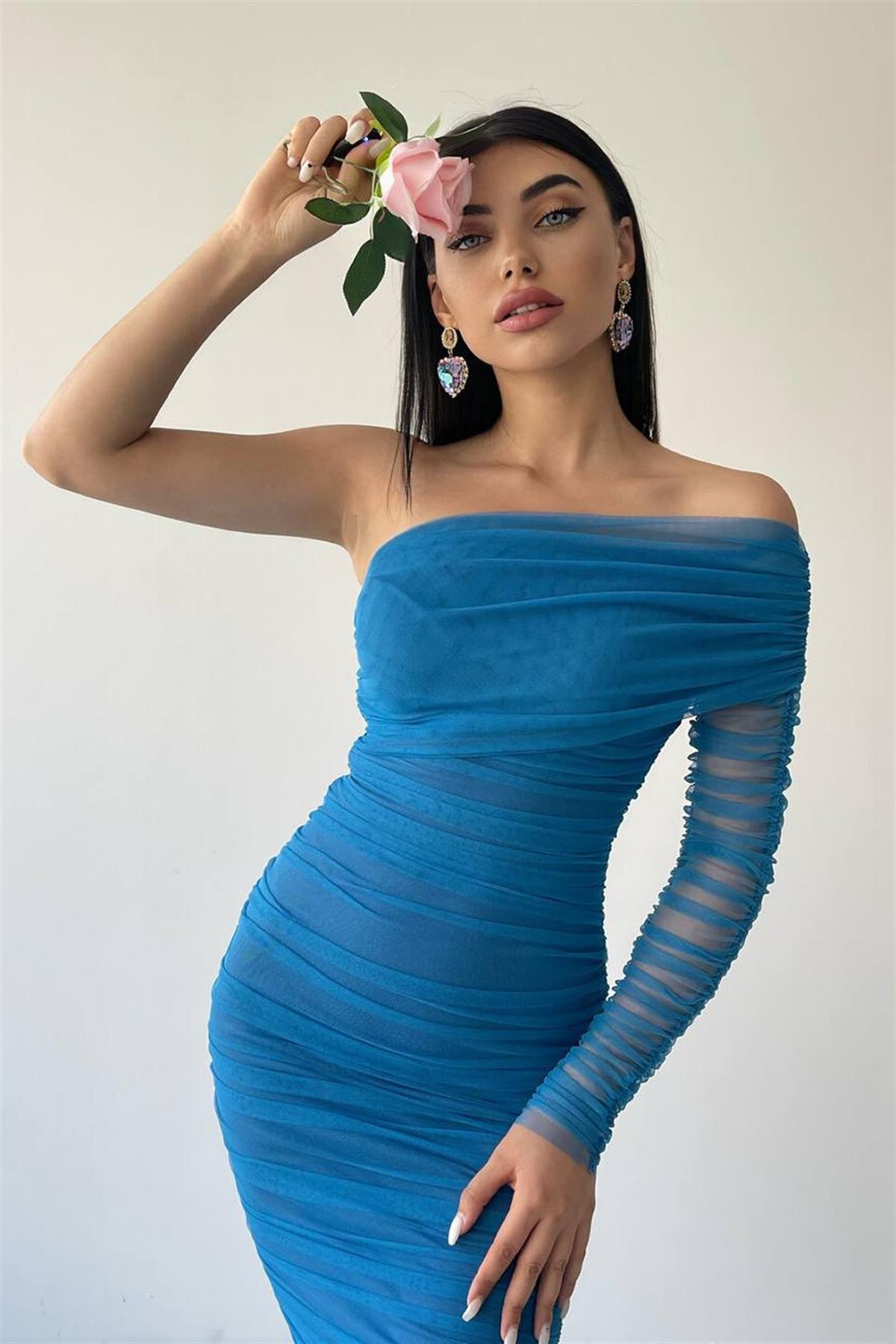 Tek Omuz Tül Detay Drapeli Elbise - MAVİ