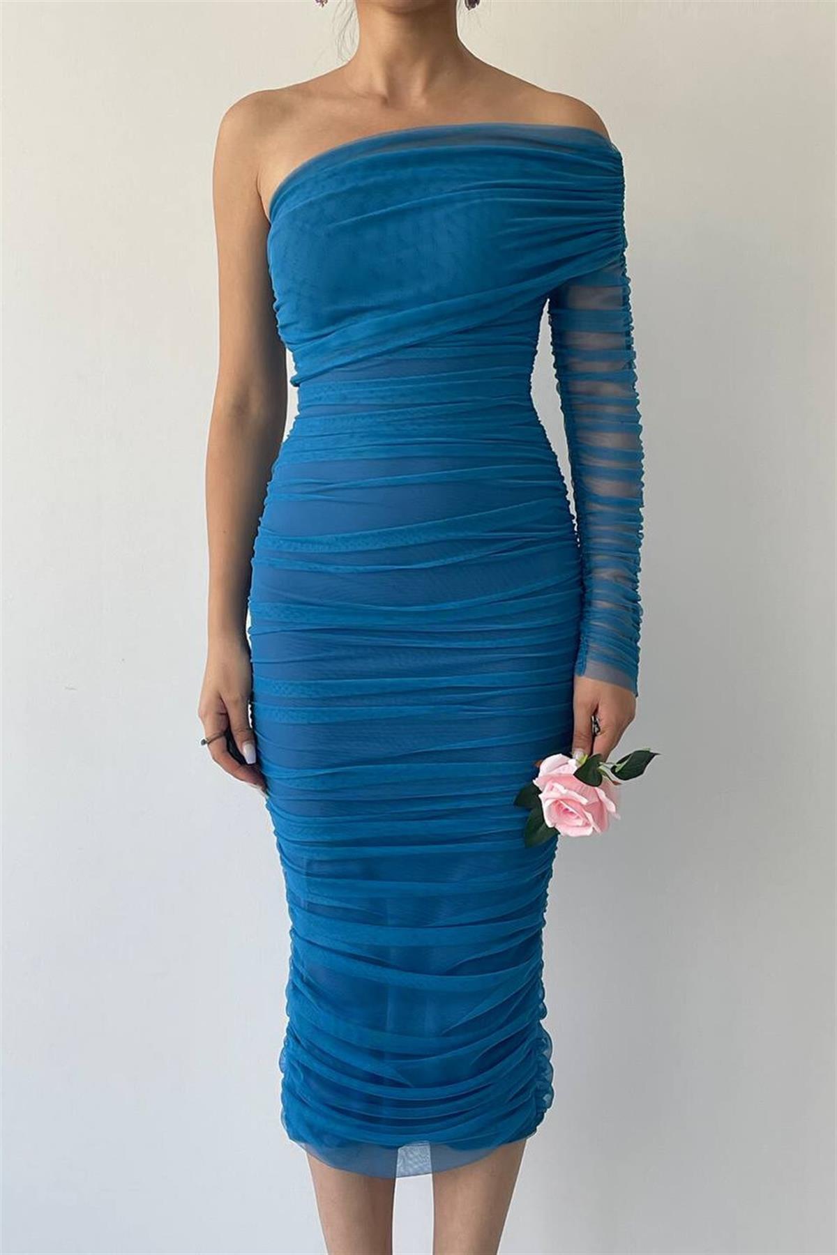 Tek Omuz Tül Detay Drapeli Elbise - MAVİ