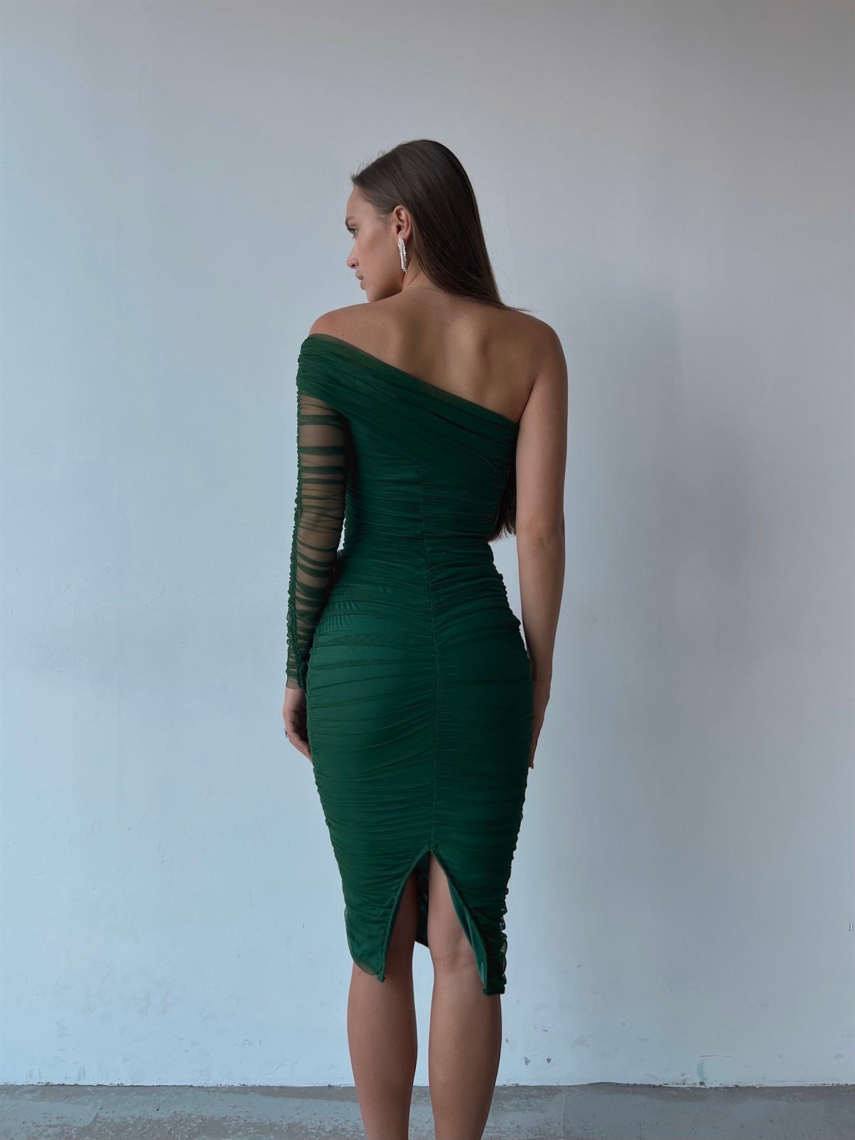 Tek Omuz Tül Detay Drapeli Elbise - YEŞİL