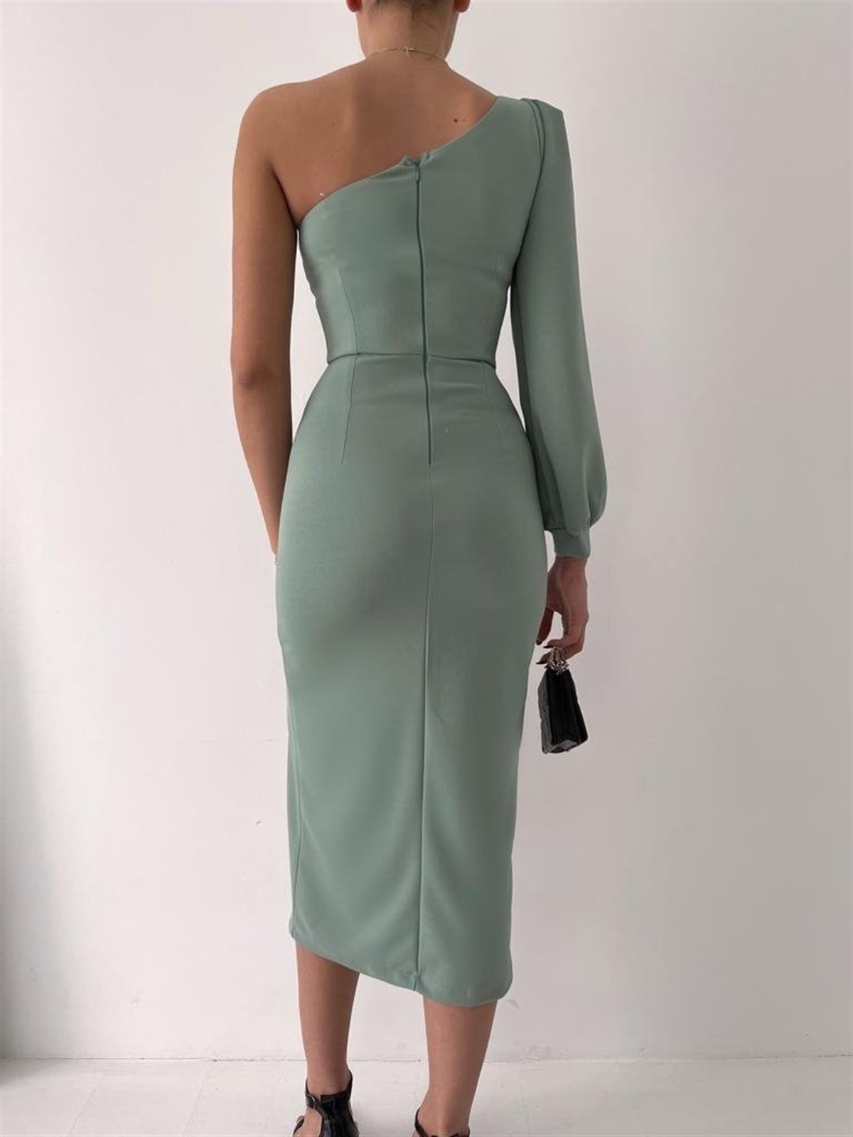 Tek Omuz Yırtmaç Detay Midiboy Elbise - YEŞİL
