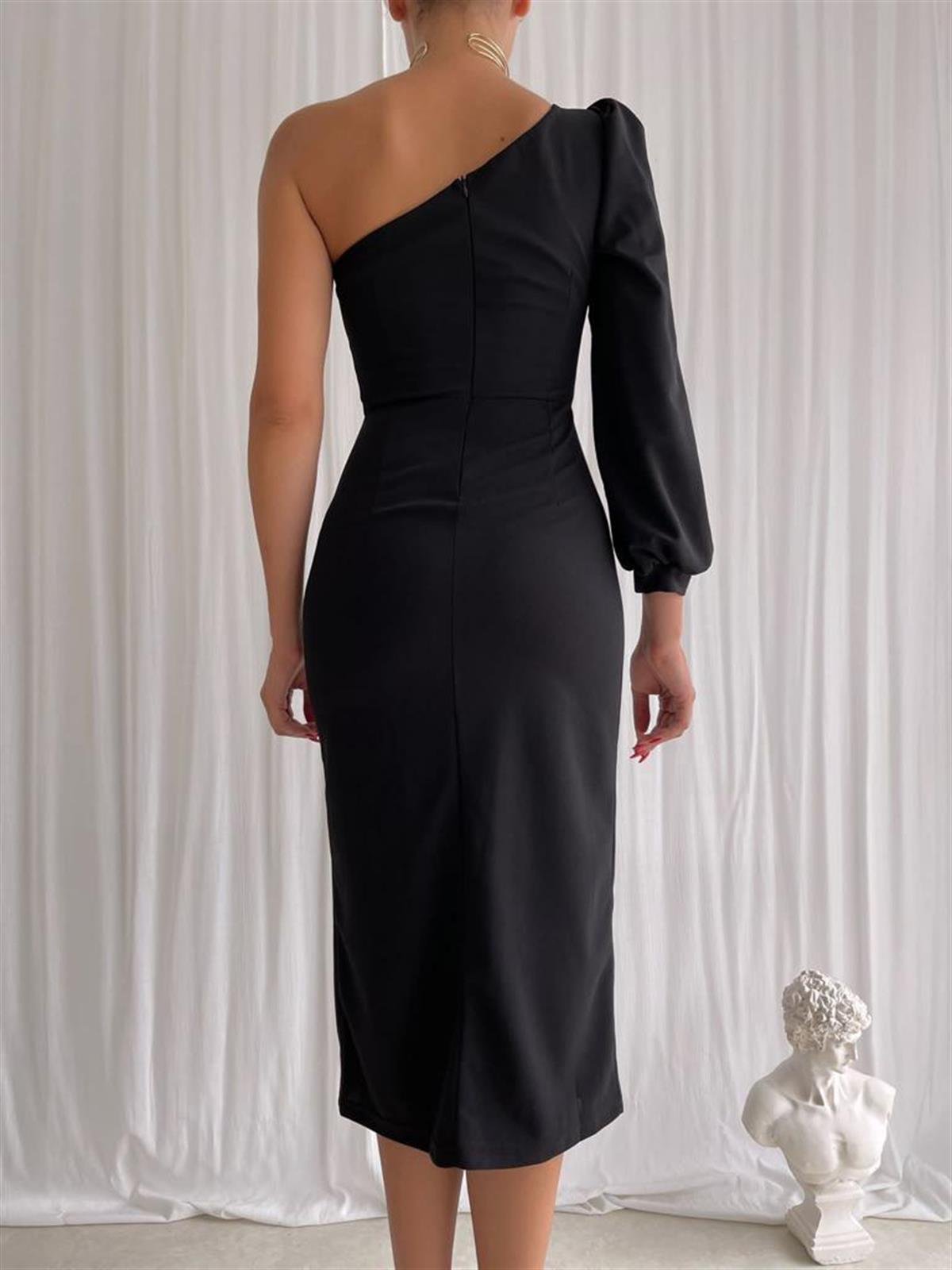 Tek Omuz Yırtmaç Detay Midiboy Elbise - SİYAH