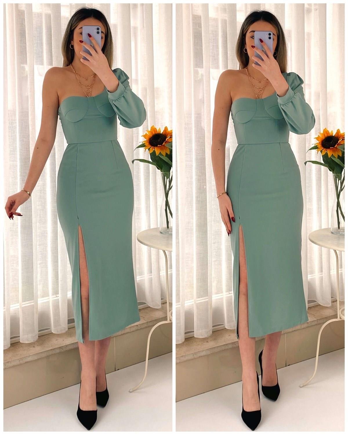 Tek Omuz Yırtmaç Detay Midiboy Elbise - KIRMIZI