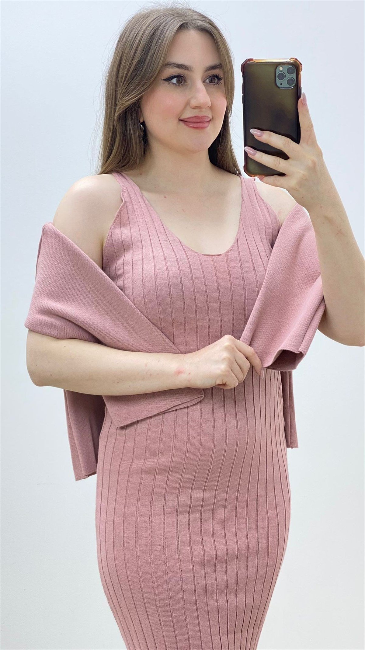 Triko Sıfır Kol Elbise ve Kazak - PUDRA RENK