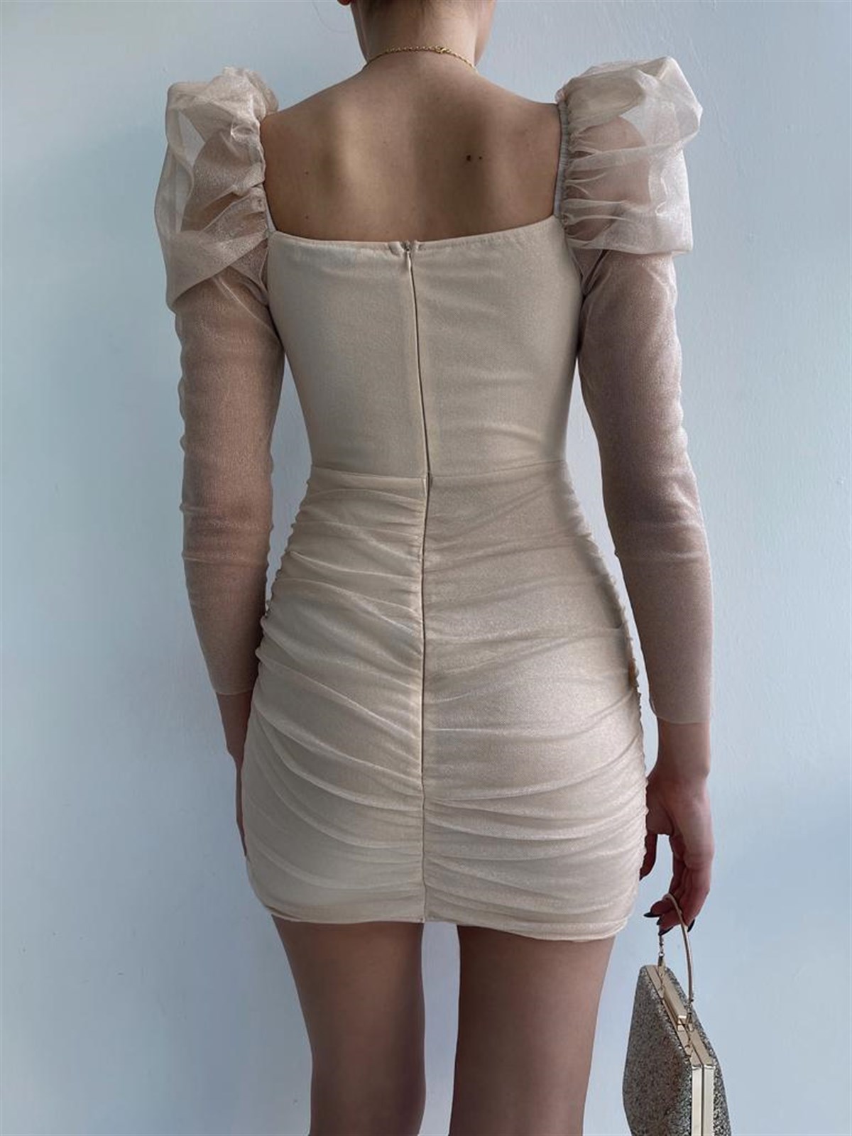 Tül Detay Simli Kumaş Elbise - VİZON