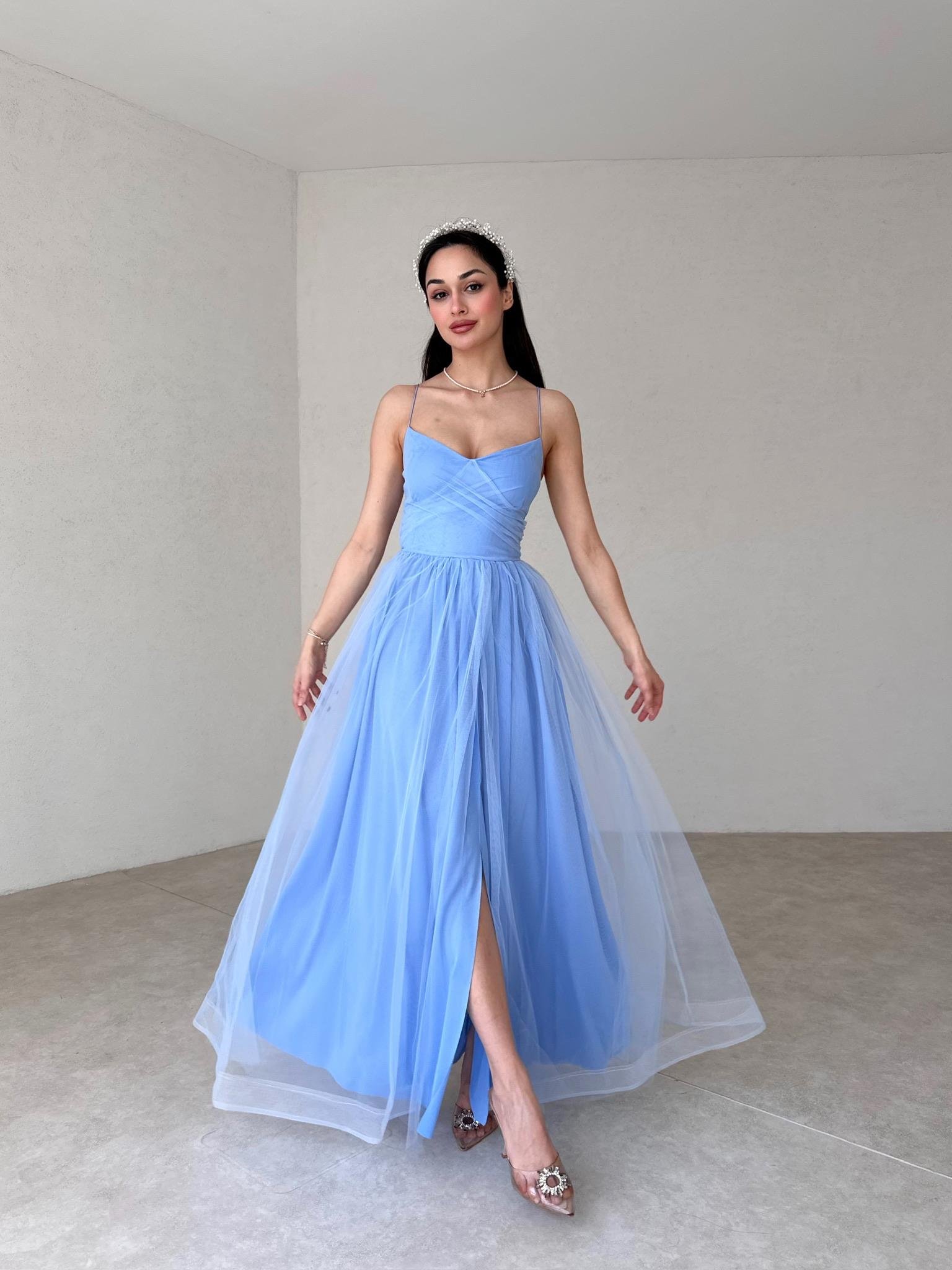 Tül Kumaş İp Askılı Yırtmaçlı Maxi Boy Elbise - BEBE MAVİ