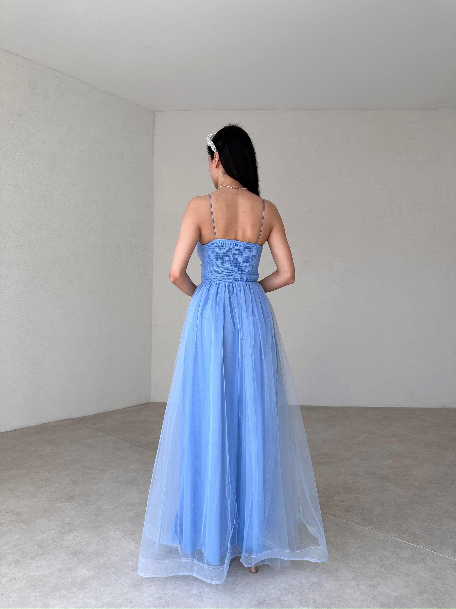 Tül Kumaş İp Askılı Yırtmaçlı Maxi Boy Elbise - BEBE MAVİ